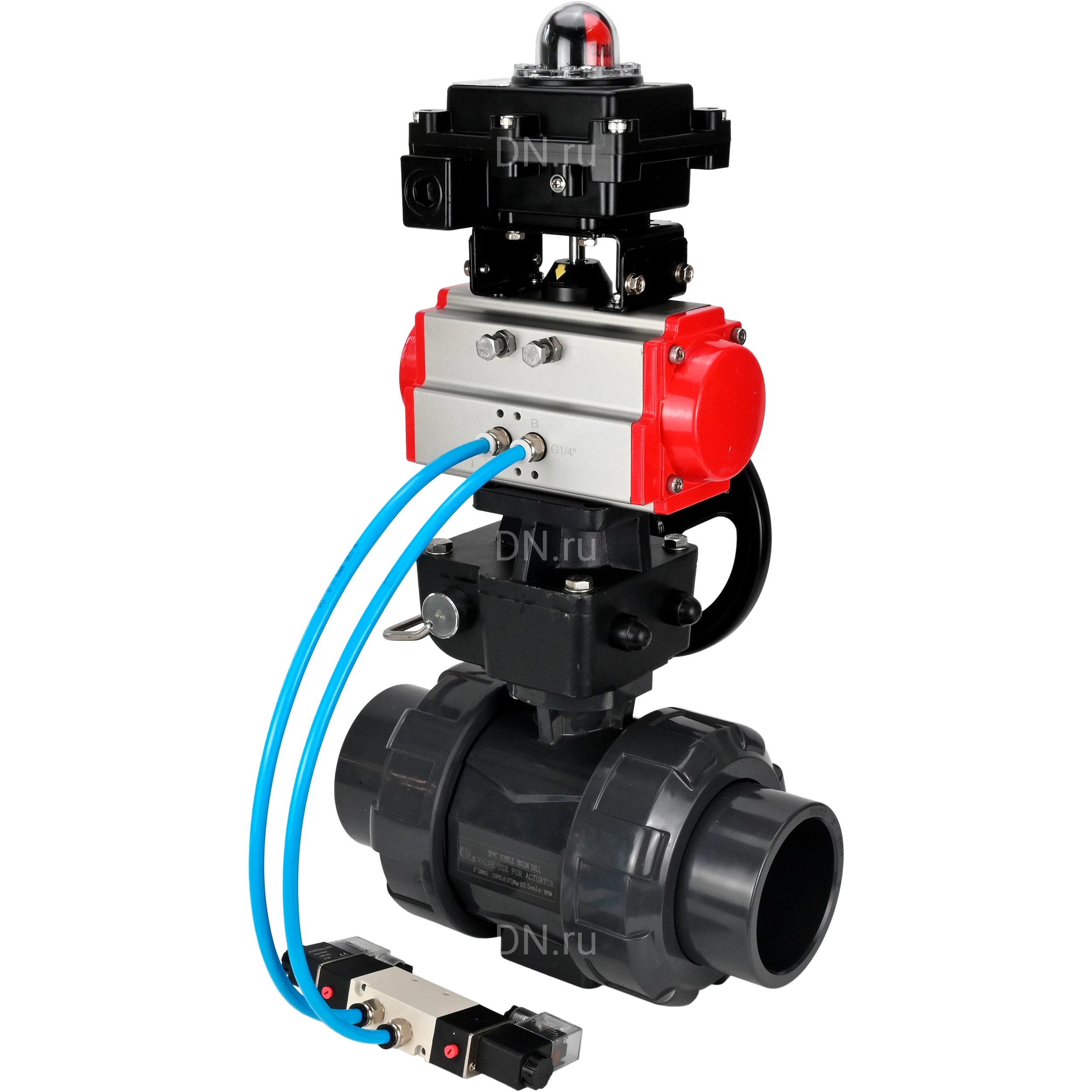 Изображение товара Кран шаровой DN.ru BV4242E-FP-GRM-ISO Дн65 Ру10 полнопроходной, корпус - НПВХ, шар - НПВХ, уплотнение - EPDM, с пневмоприводом PA-DA-065, пневмораспределителем 4V320-10 AC220V, ручным дублером MON1-250-T26-ISO и БКВ APL-410N EX Изображение товара Кран шаровой DN.ru BV4242E-FP-GRM-ISO Дн65 Ру10 полнопроходной, корпус - НПВХ, шар - НПВХ, уплотнение - EPDM, с пневмоприводом PA-DA-065, пневмораспределителем 4V320-10 AC220V, ручным дублером MON1-250-T26-ISO и БКВ APL-410N EX