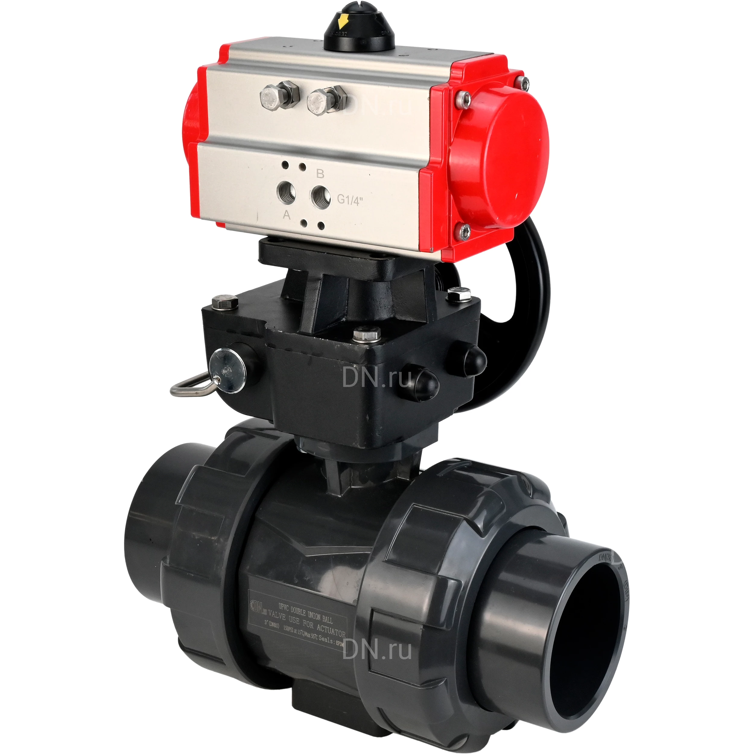 Изображение товара Кран шаровой DN.ru BV4242E-FP-GRM-ISO Дн32 Ру10 полнопроходной, корпус - НПВХ, шар - НПВХ, уплотнение - EPDM, с пневмоприводом PA-DA-052 и ручным дублером MON1-250-T26-ISO