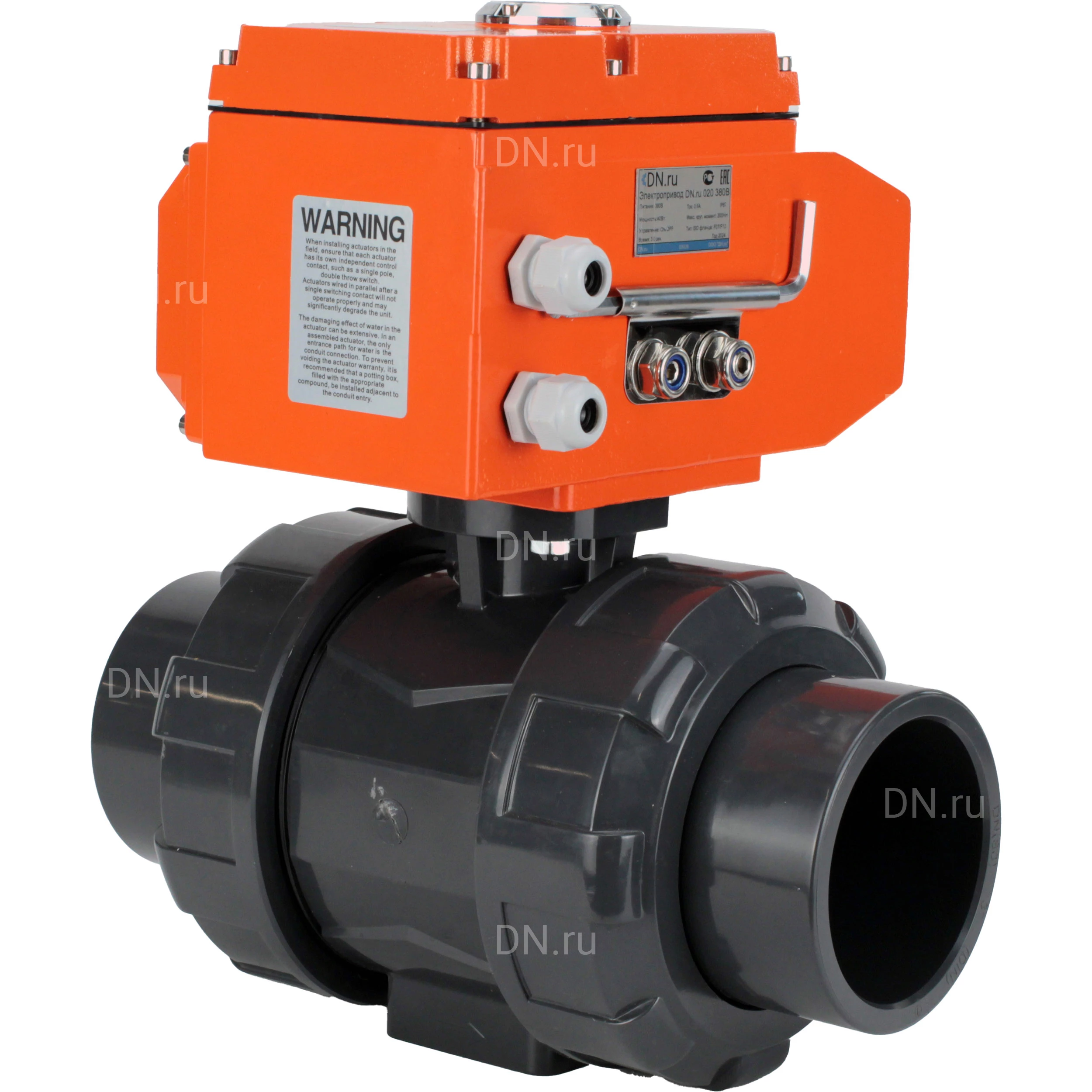 Изображение товара Кран шаровой DN.ru BV4242E-FP-GRM-ISO Дн100 Ру10 полнопроходной, клеевой с разборным муфтовым соединением, корпус - НПВХ, шар - НПВХ, уплотнение - EPDM, с электроприводом DN.ru QT-N-003EM-O1-220VAC-У1 HARK