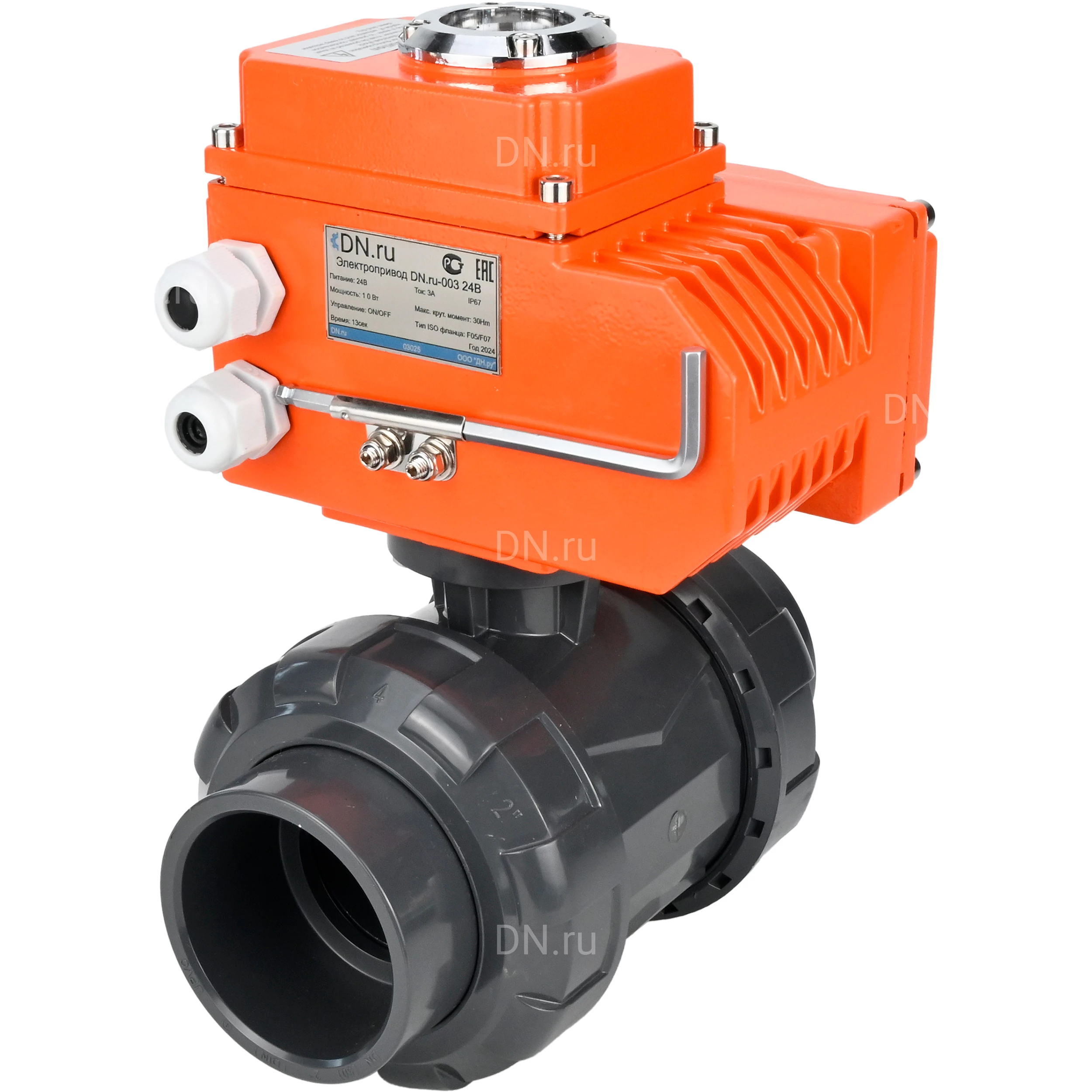 Изображение товара Кран шаровой DN.ru BV4242E-FP-GRM-ISO Дн65 Ру10 полнопроходной, клеевой с разборным муфтовым соединением, корпус - НПВХ, шар - НПВХ, уплотнение - EPDM, с электроприводом DN.ru QT-N-003EM-O1-24VDC-У1 HARK