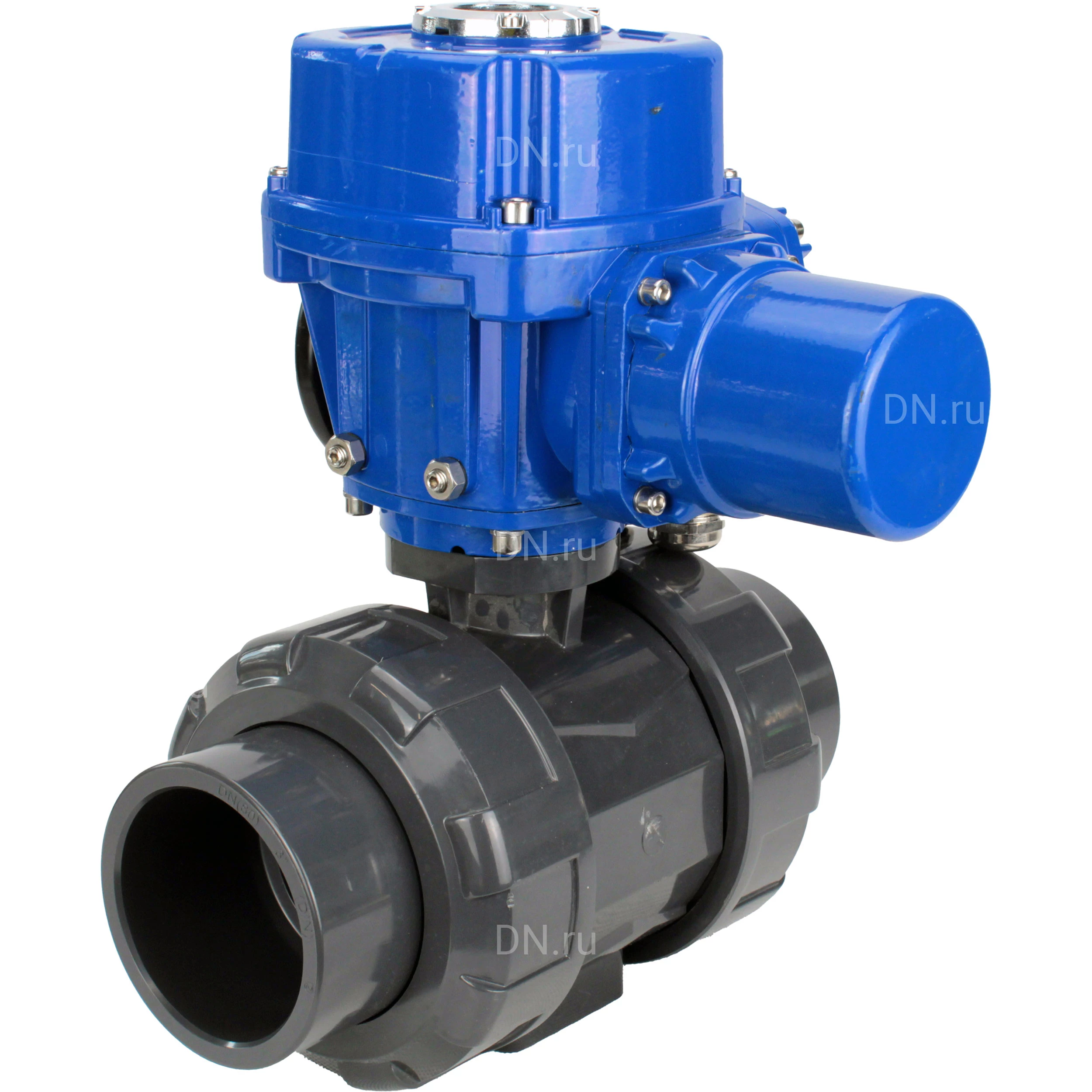 Изображение товара Кран шаровой DN.ru BV4242E-FP-GRM-ISO Дн100 Ру10 полнопроходной, корпус - НПВХ, шар - НПВХ, уплотнение - EPDM, с электроприводом DN.ru QT-N-005M-O2-220VAC-У1 с моментной муфтой и штурвалом