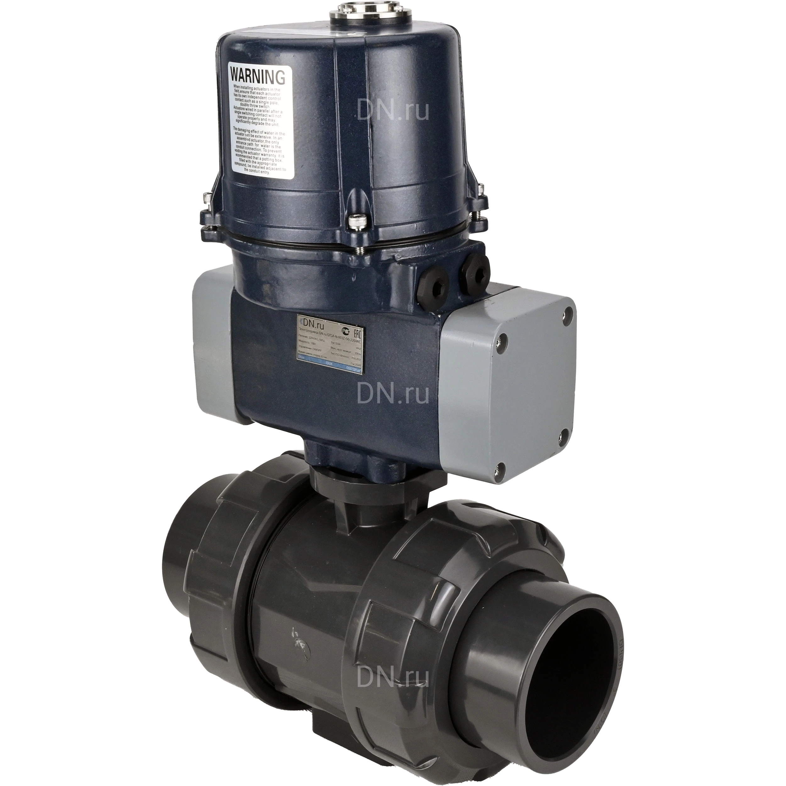 Изображение товара Кран шаровой DN.ru BV4242E-FP-GRM-ISO Дн100 Ру10 полнопроходной, клеевой с разборным муфтовым соединением, корпус - НПВХ, шар - НПВХ, уплотнение - EPDM, с электроприводом DN.ru QTSA-N-003EM-O0-220VAC с пружинным возвратом