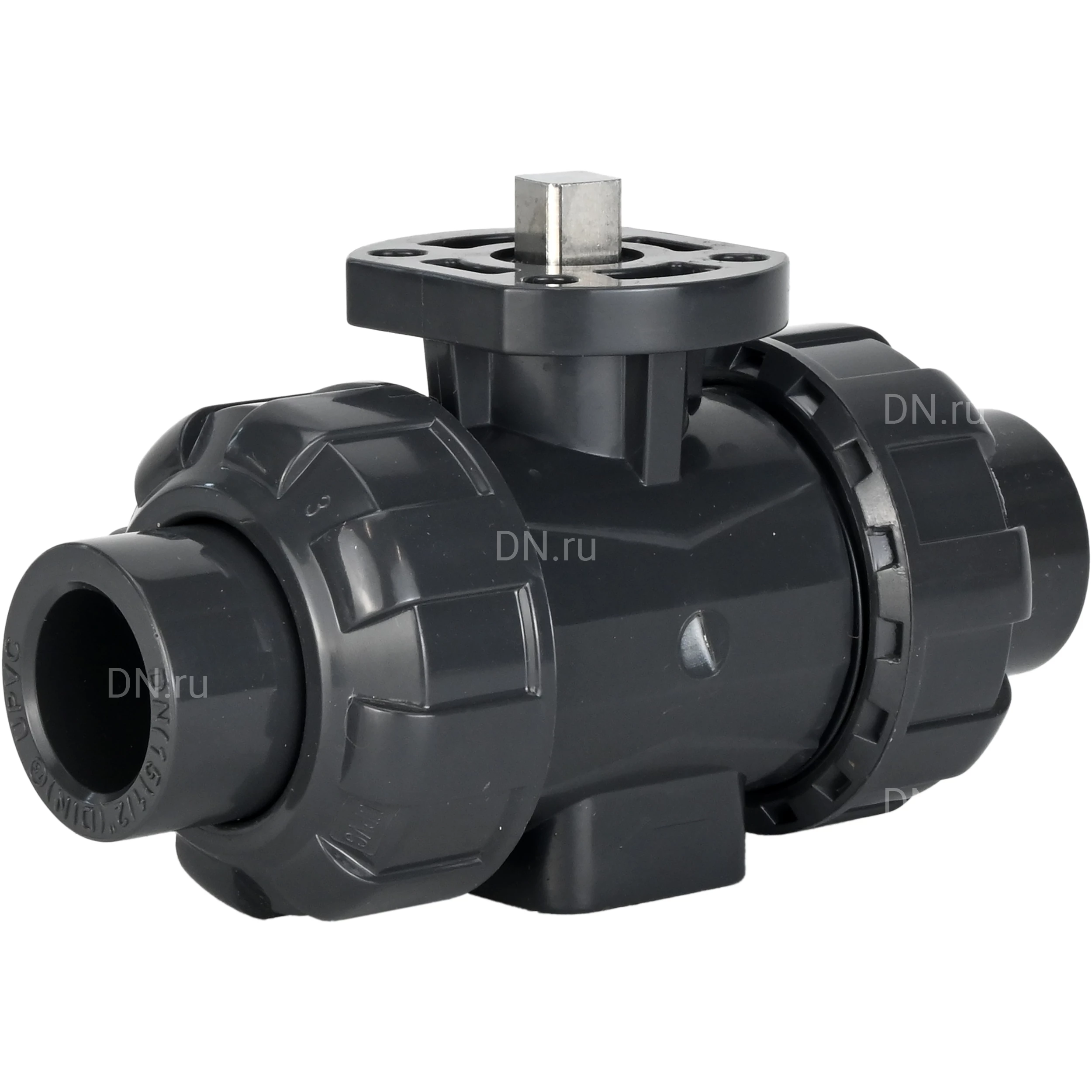 Изображение товара Кран шаровой DN.ru BV4242E-FP-GRM-ISO Дн50 Ру10 полнопроходной, клеевой с разборным муфтовым соединением, корпус - UPVC (НПВХ), шар - UPVC (НПВХ), уплотнение - EPDM, с ISO-фланцем и голым штоком квадратным