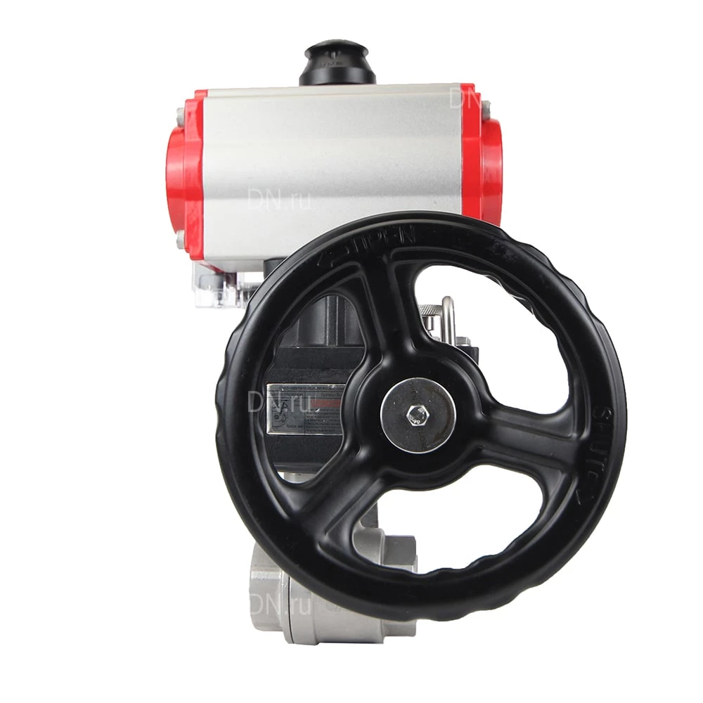 Изображение товара Кран шаровой DN.ru BV3232P(2pc)-FP-T-ISO-H Ду25 Ру63 полнопроходной двухходовой, нержавеющая сталь SS316, внутренняя резьба, PTFE, с пневмоприводом PA-DA-065 двойного действия, с пневмораспределителем 4M310-08 24В, с ручным дублером MON1-250-T26-ISO