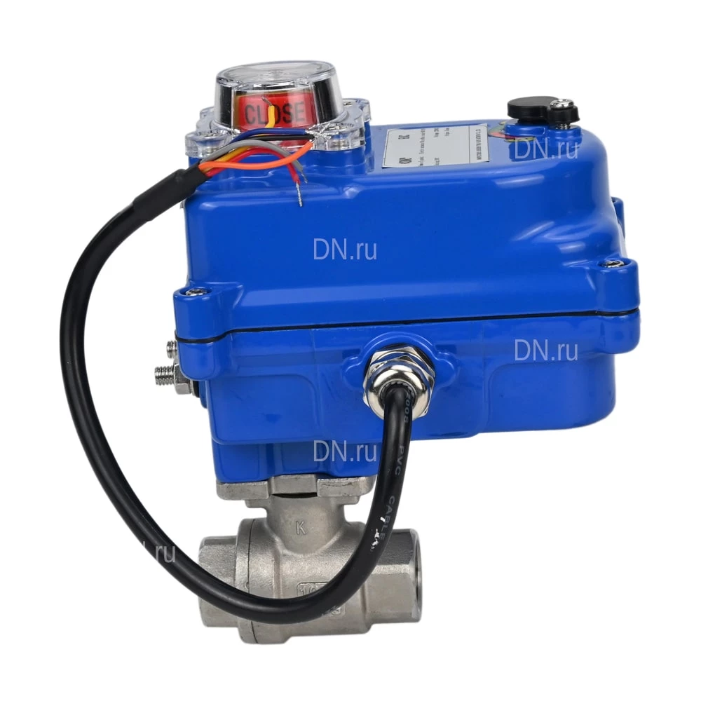 Изображение товара Кран шаровой DN.ru BV3232P(2pc)-FP-T-ISO-H Ду20 Ру63 полнопроходной двухходовой, нержавеющая сталь 316, внутренняя резьба, уплотнение - PTFE, с электроприводом четвертьоборотным QT-N-003EM-O1-24VDC-У1 blue