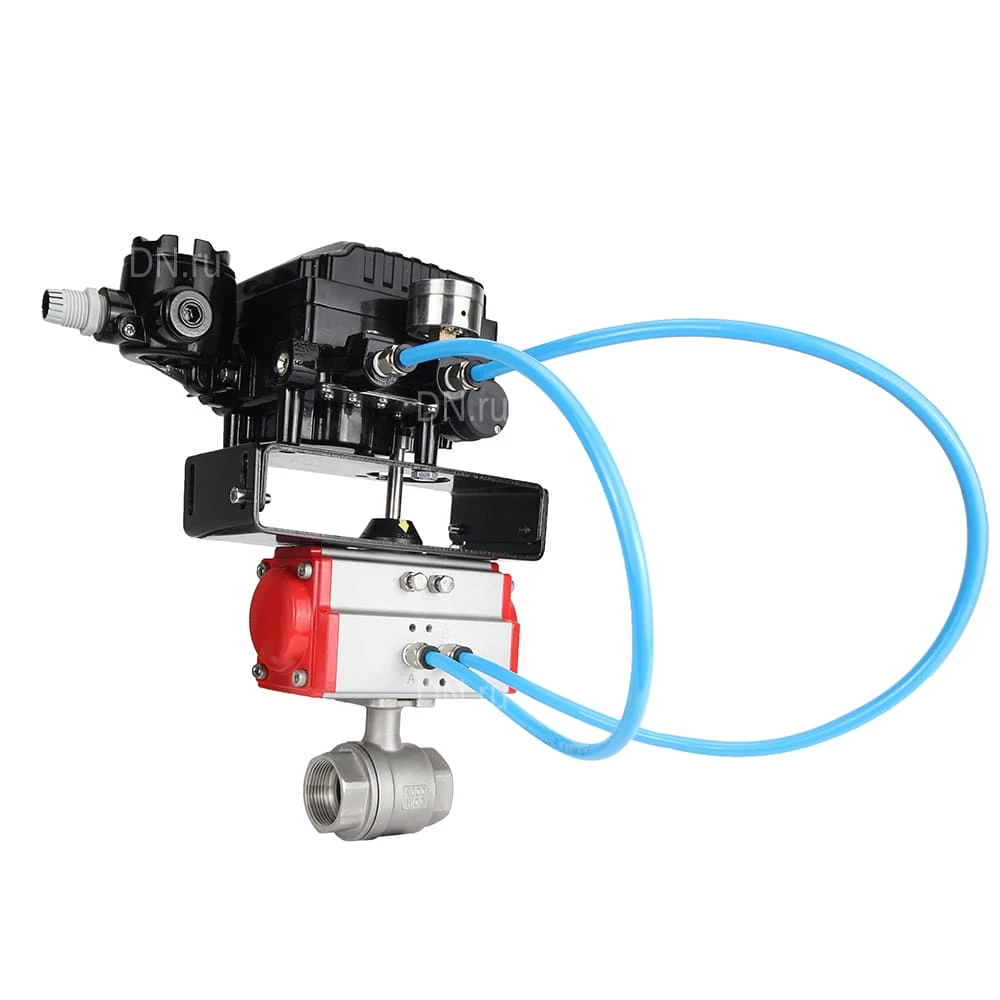 Изображение товара Кран шаровой DN.ru BV3232P(2pc)-FP-T-ISO-H Ду10 Ру63 полнопроходной двухходовой, нержавеющая сталь SS316, внутренняя резьба, PTFE, с пневмоприводом PA-DA-052 двойного действия и с электропневматическим поворотным позиционером YT-1000RSN без обратной связи
