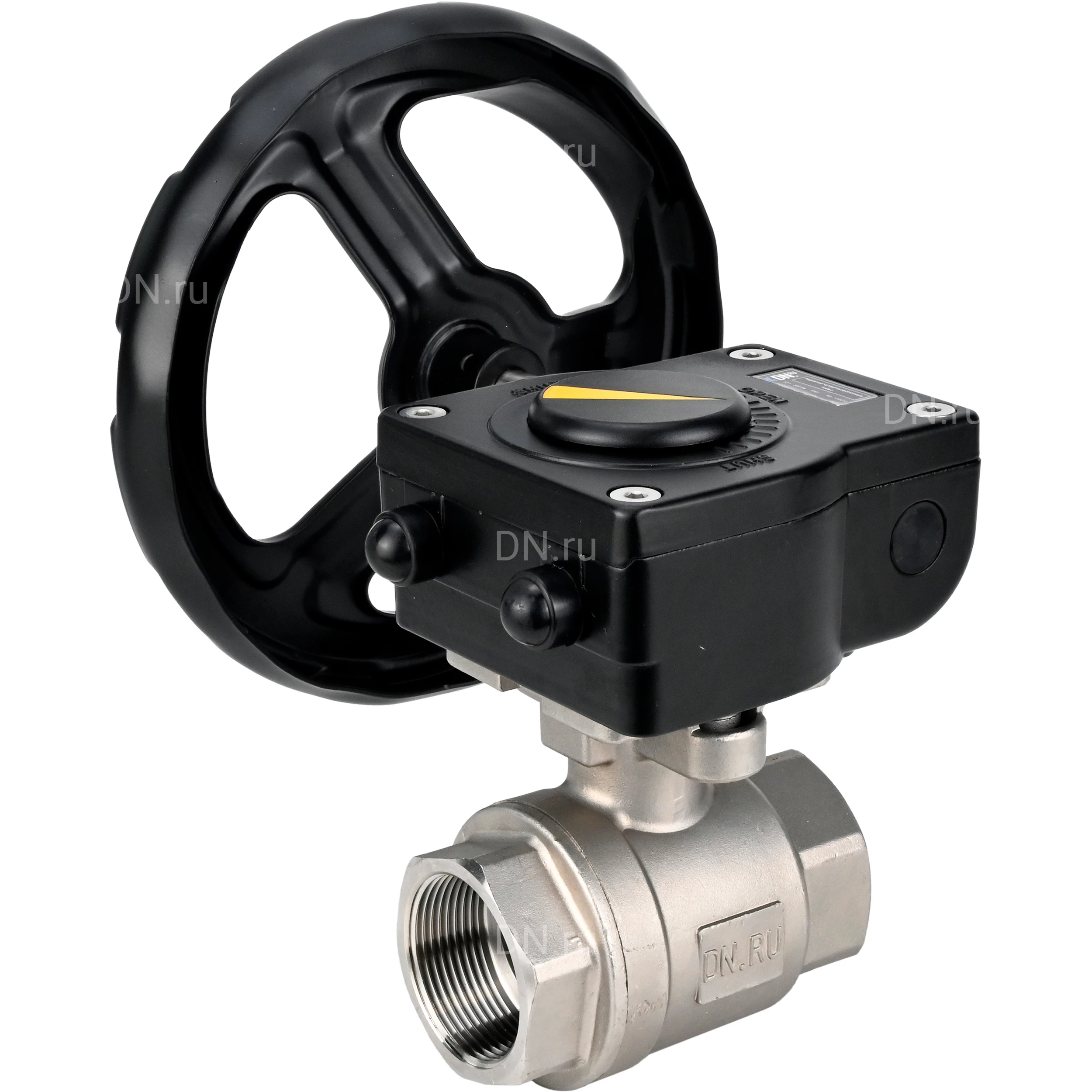 Изображение товара Кран шаровой DN.ru BV3232P(2pc)-FP-T-ISO-H 3/4″ Ду20 Ру63 полнопроходной двухходовой, нержавеющая сталь SS316, внутренняя резьба, уплотнение - PTFE, с редуктором DN.ru HAM RQN1-180Z-T40