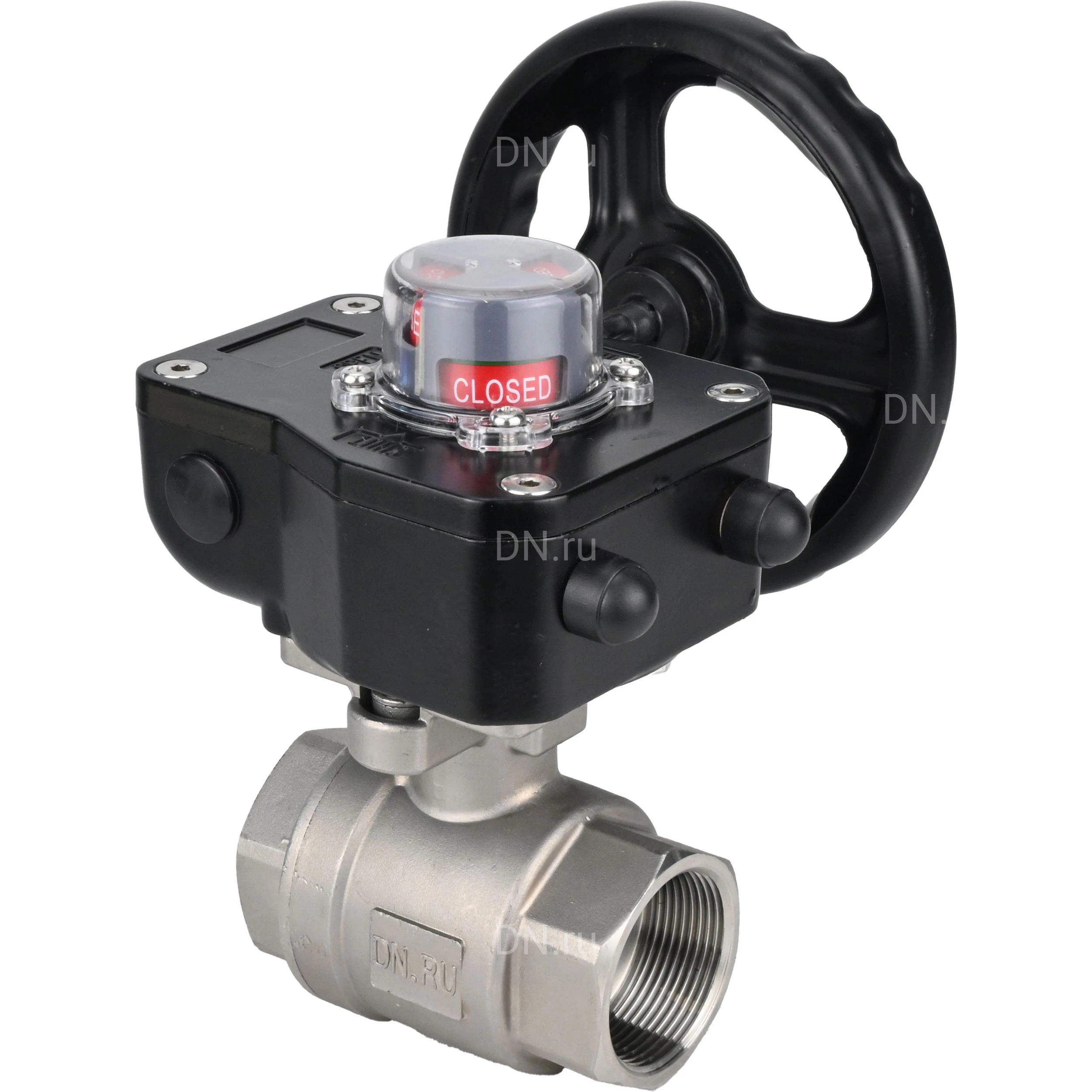 Изображение товара Кран шаровой DN.ru BV3232P(2pc)-FP-T-ISO-H 1″ Ду25 Ру63 полнопроходной двухходовой, нержавеющая сталь SS316, внутренняя резьба, уплотнение - PTFE, с редуктором DN.ru HGB RQN1-180Z