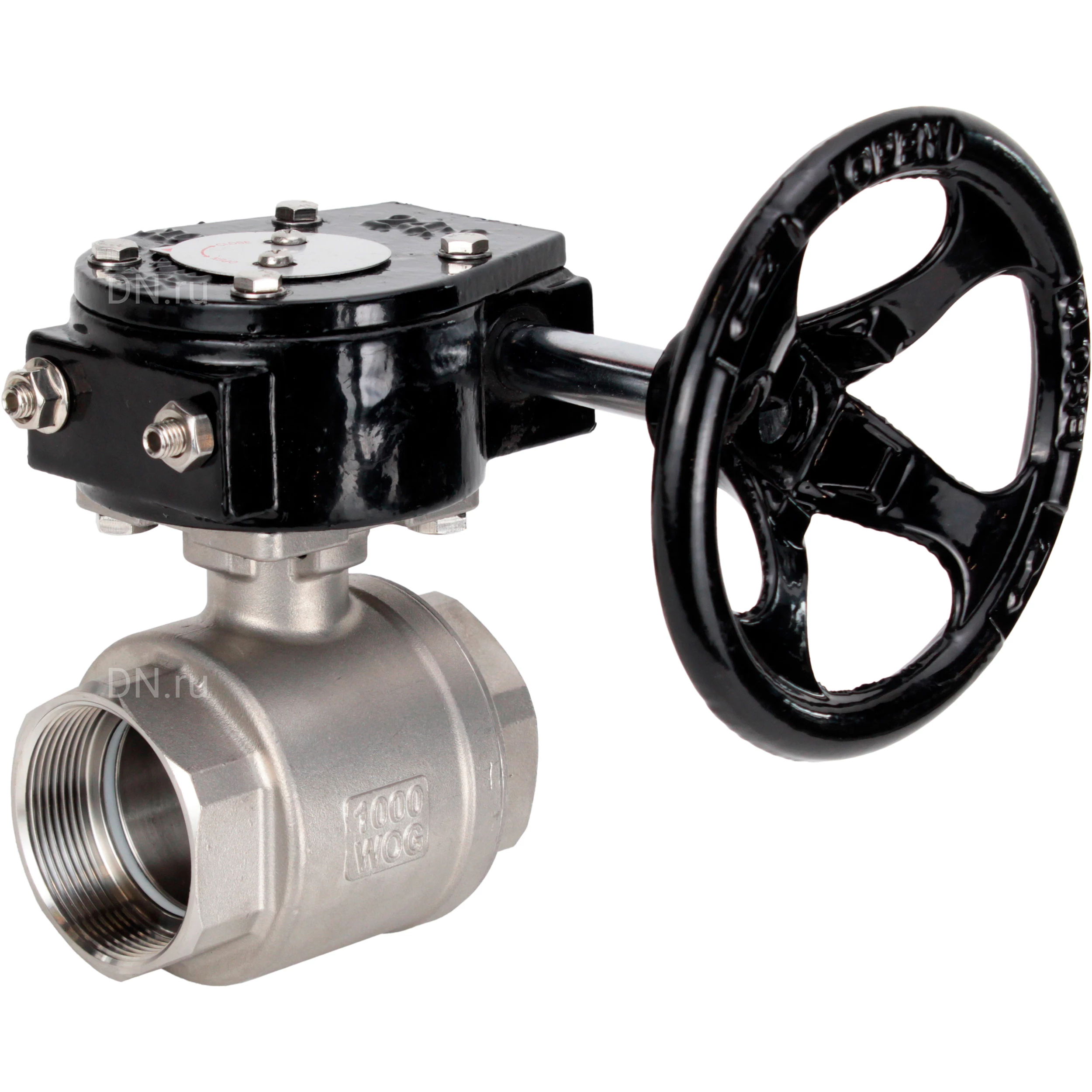 Изображение товара Кран шаровой DN.ru BV3232P(2pc)-FP-T-ISO-H Ду15 Ру63 полнопроходной двухходовой, нержавеющая сталь SS316, внутренняя резьба, уплотнение - PTFE, с редуктором RDN RQN1-150Z-T24