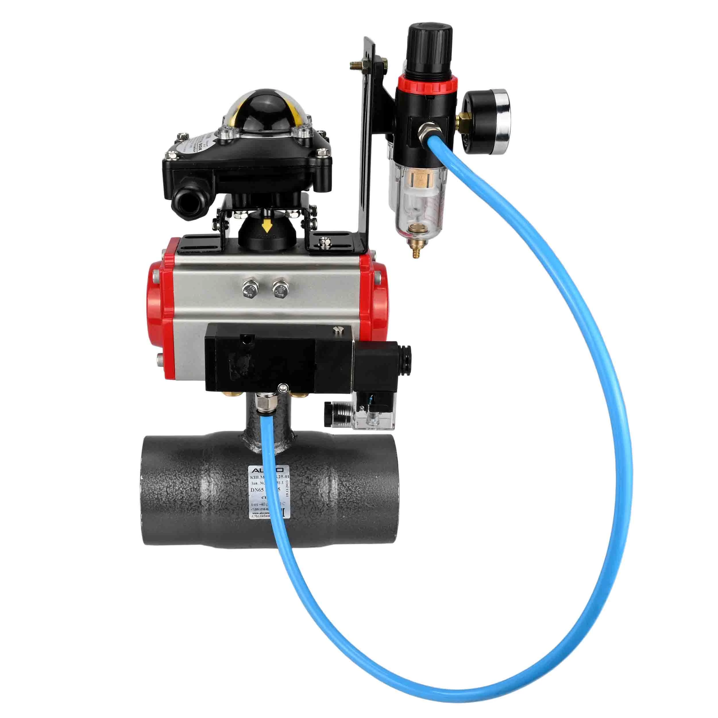 Изображение товара Кран шаровой ALSO КШ.М.Р.015.40-01 1/2″ Ду15 Ру40 стандартнопроходной, внутренняя резьба, корпус - сталь 20, уплотнение - PTFE, управление - пневмопривод DN.ru-PA-DA-052 с пневмораспределителем DN.ru-4М310-08 220 В, БКВ APL-210N и БПВ AFC2000