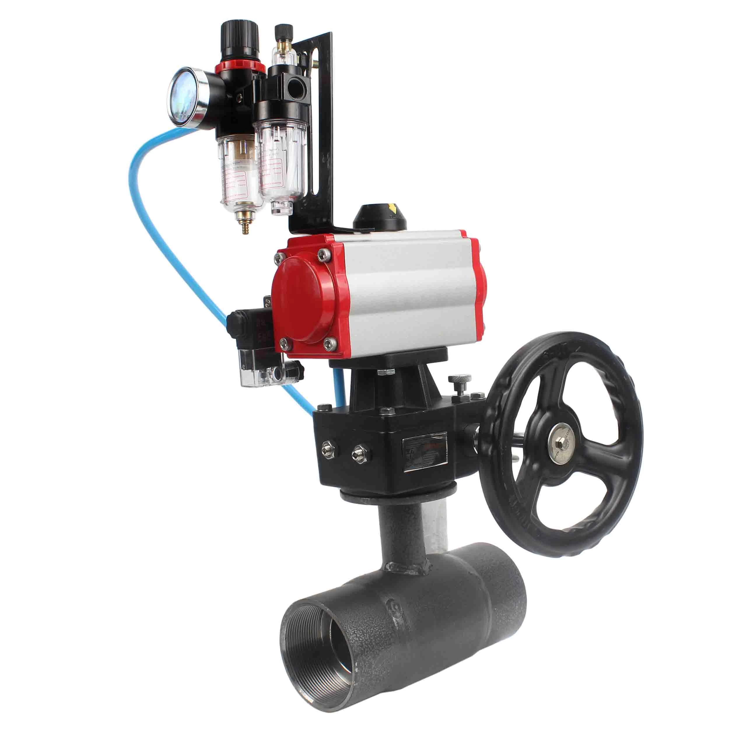 Изображение товара Кран шаровой ALSO КШ.М.П.Р.040.40-01 1 1/2″ Ду40 Ру40 полнопроходной, внутренняя резьба, корпус - сталь 20, уплотнение - PTFE, управление - пневмопривод DN.ru-PA-DA-065 с пневмораспределителем DN.ru-4М310-08 220 В, DN.ru-HDM-1 и БПВ AFC2000