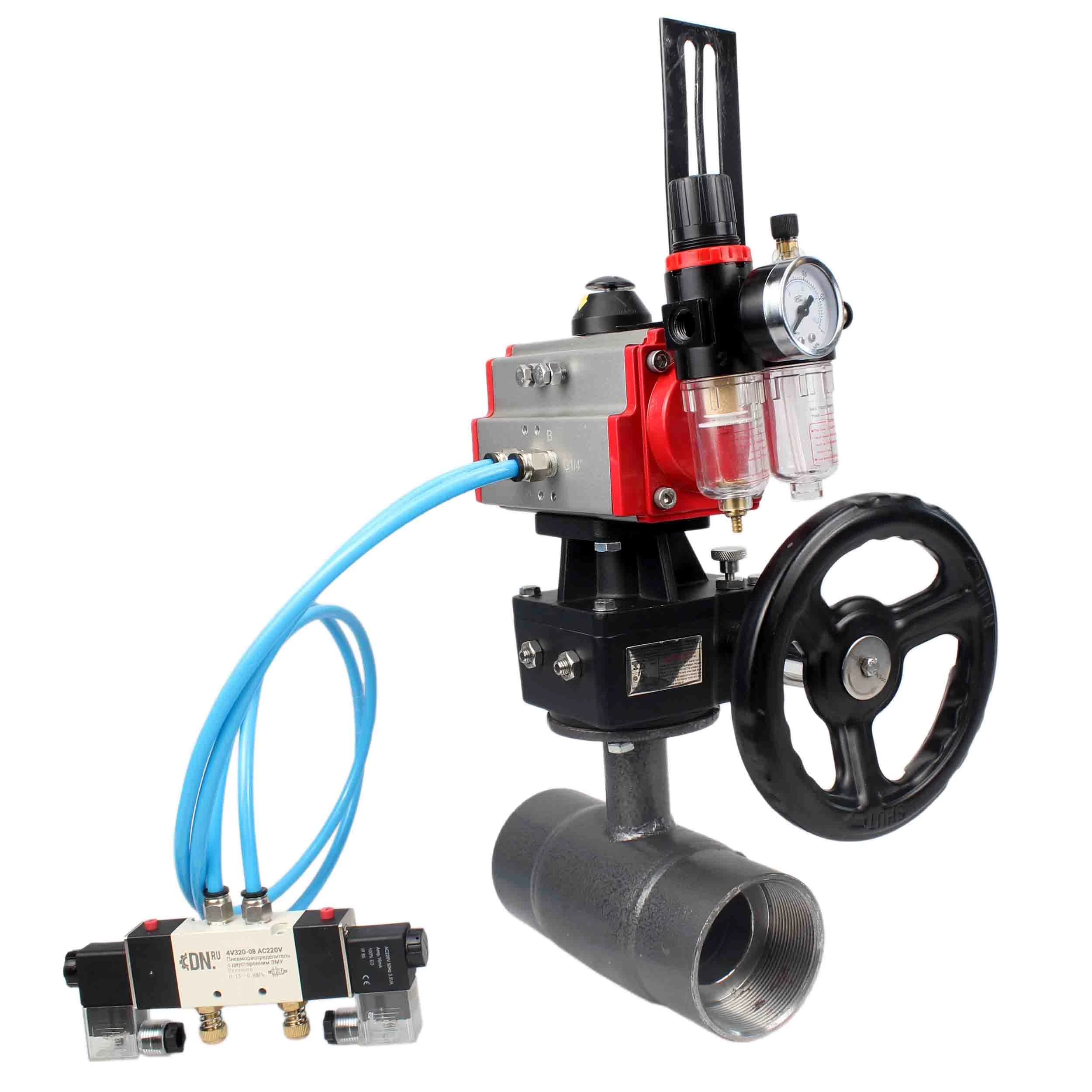 Изображение товара Кран шаровой ALSO КШ.М.Р.040.40-01 1 1/2″ Ду40 Ру40 стандартнопроходной, внутренняя резьба, корпус - сталь 20, уплотнение - PTFE, управление - пневмопривод DN.ru-PA-DA-065 с пневмораспределителем DN.ru-4V320-08 220 В, DN.ru-HDM-1 и БПВ AFC2000