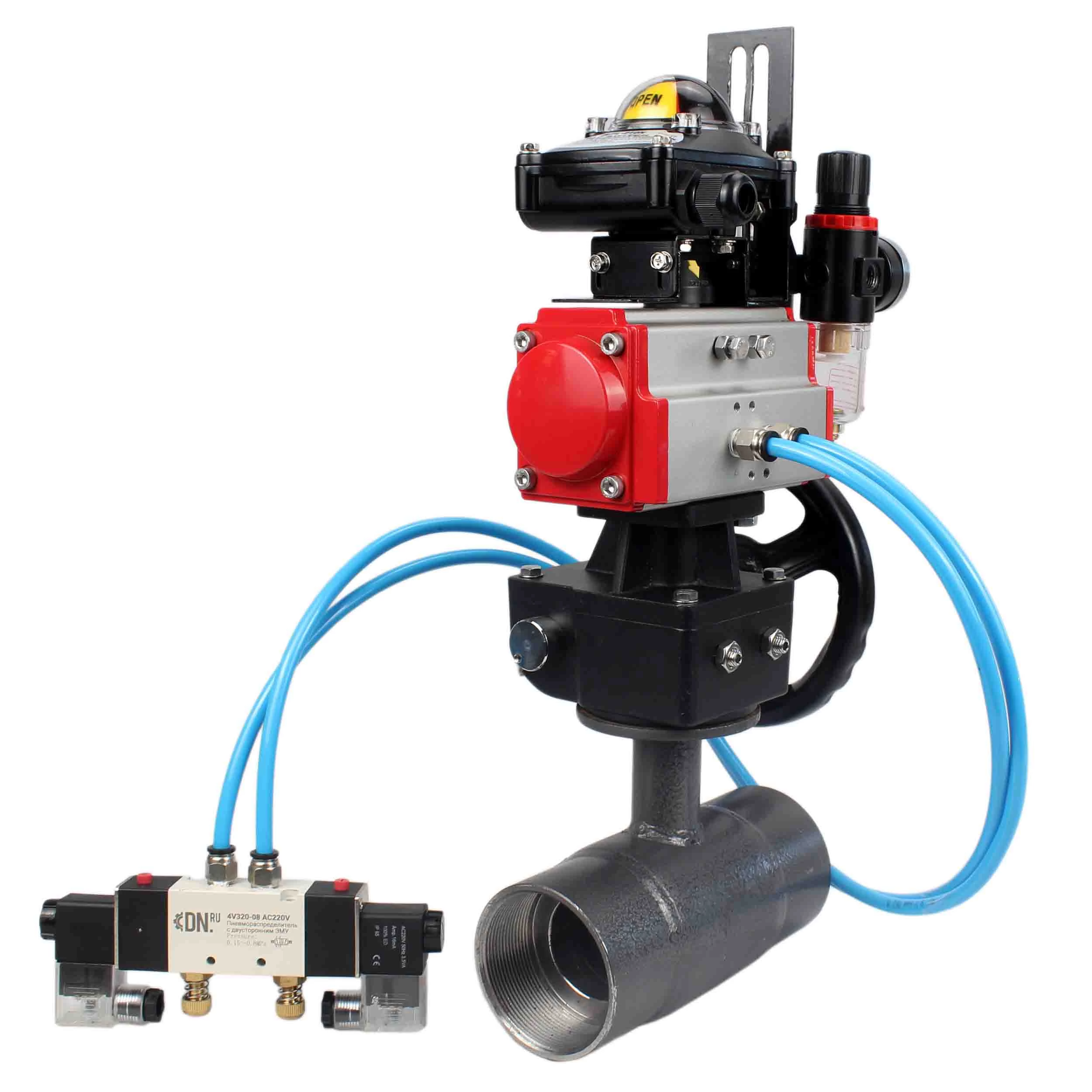 Изображение товара Кран шаровой ALSO КШ.М.Р.040.40-01 1 1/2″ Ду40 Ру40 стандартнопроходной, внутренняя резьба, сталь 20, уплотнение - PTFE, управление - пневмопривод DN.ru-PA-DA-065 с пневмораспределителем DN.ru-4V320-08 220 В, DN.ru-HDM-1, БКВ APL-210N и БПВ AFC2000