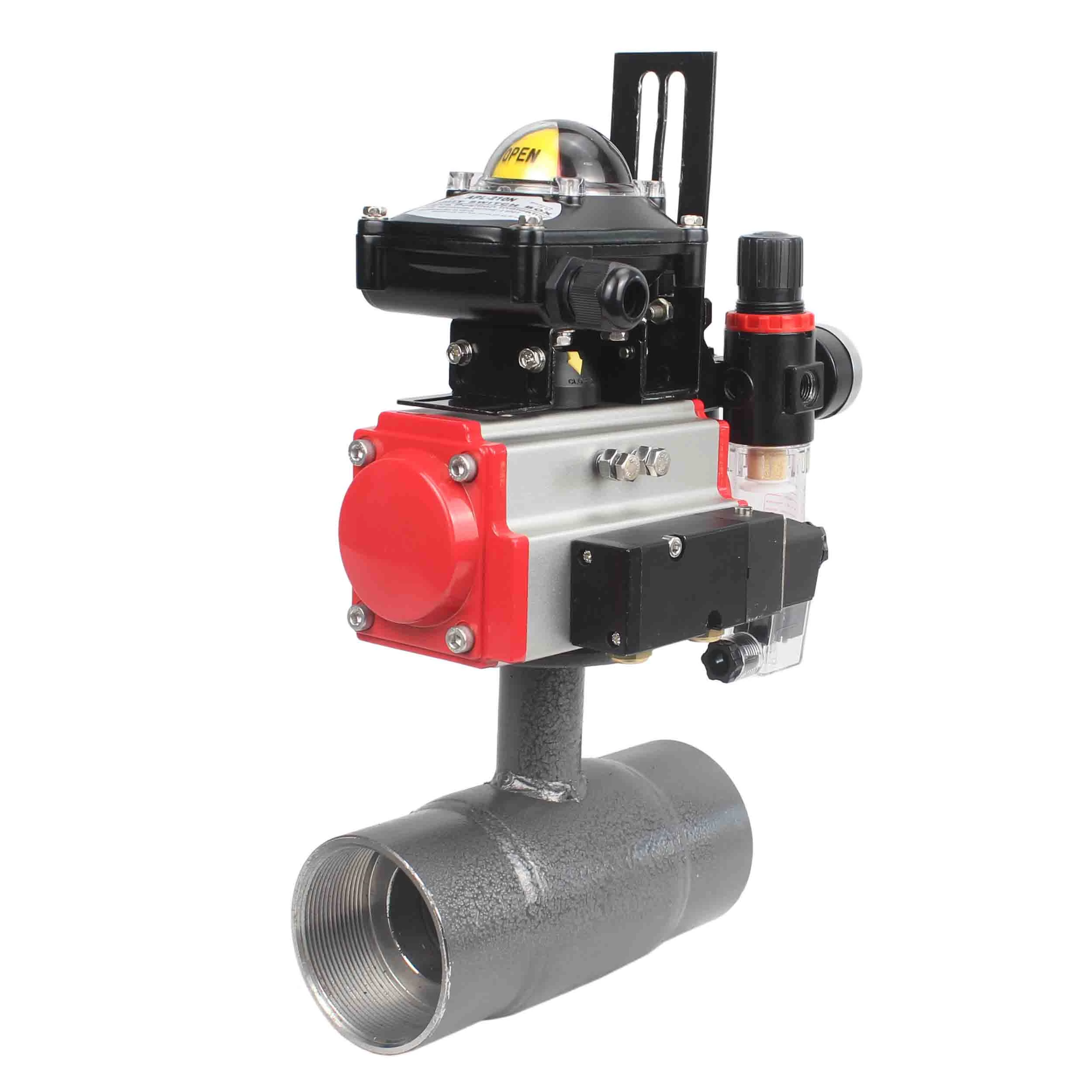 Изображение товара Кран шаровой ALSO КШ.М.П.Р.015.40-01 1/2″ Ду15 Ру40 полнопроходной, внутренняя резьба, корпус - сталь 20, уплотнение - PTFE, управление - пневмопривод DN.ru-PA-DA-052 с пневмораспределителем DN.ru-4М310-08 24 В, БКВ APL-210N и БПВ AFC2000