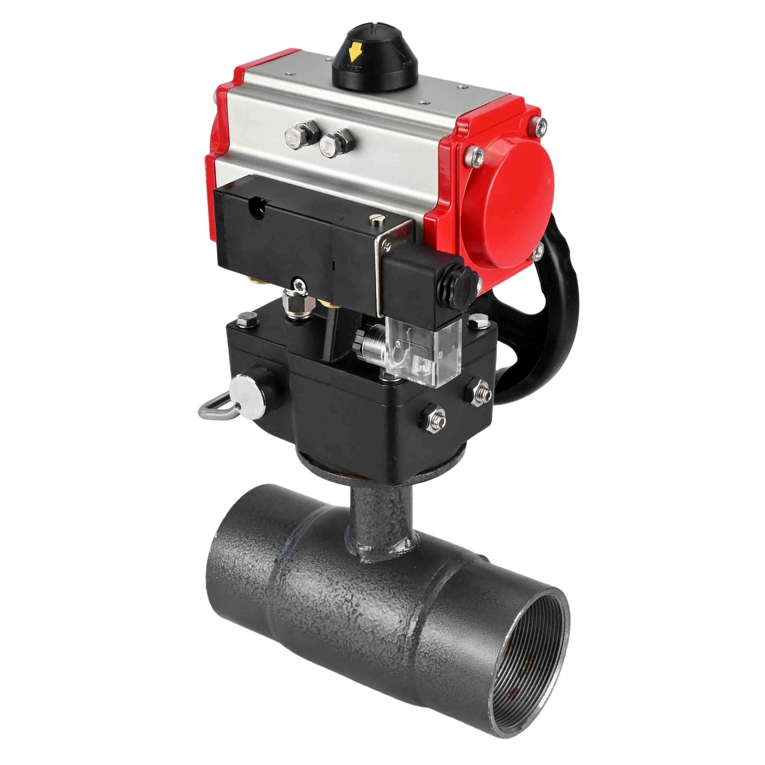 Изображение товара Кран шаровой ALSO КШ.М.П.P.015.40-01 1/2″ Ду15 Ру40 полнопроходной, внутренняя резьба, корпус - сталь 20, уплотнение - PTFE, управление - пневмопривод DN.ru PA-DA-052 с пневмораспределителем DN.ru-4М310-08 220В NAMUR и ручным дублером DN.ru-HDM-1