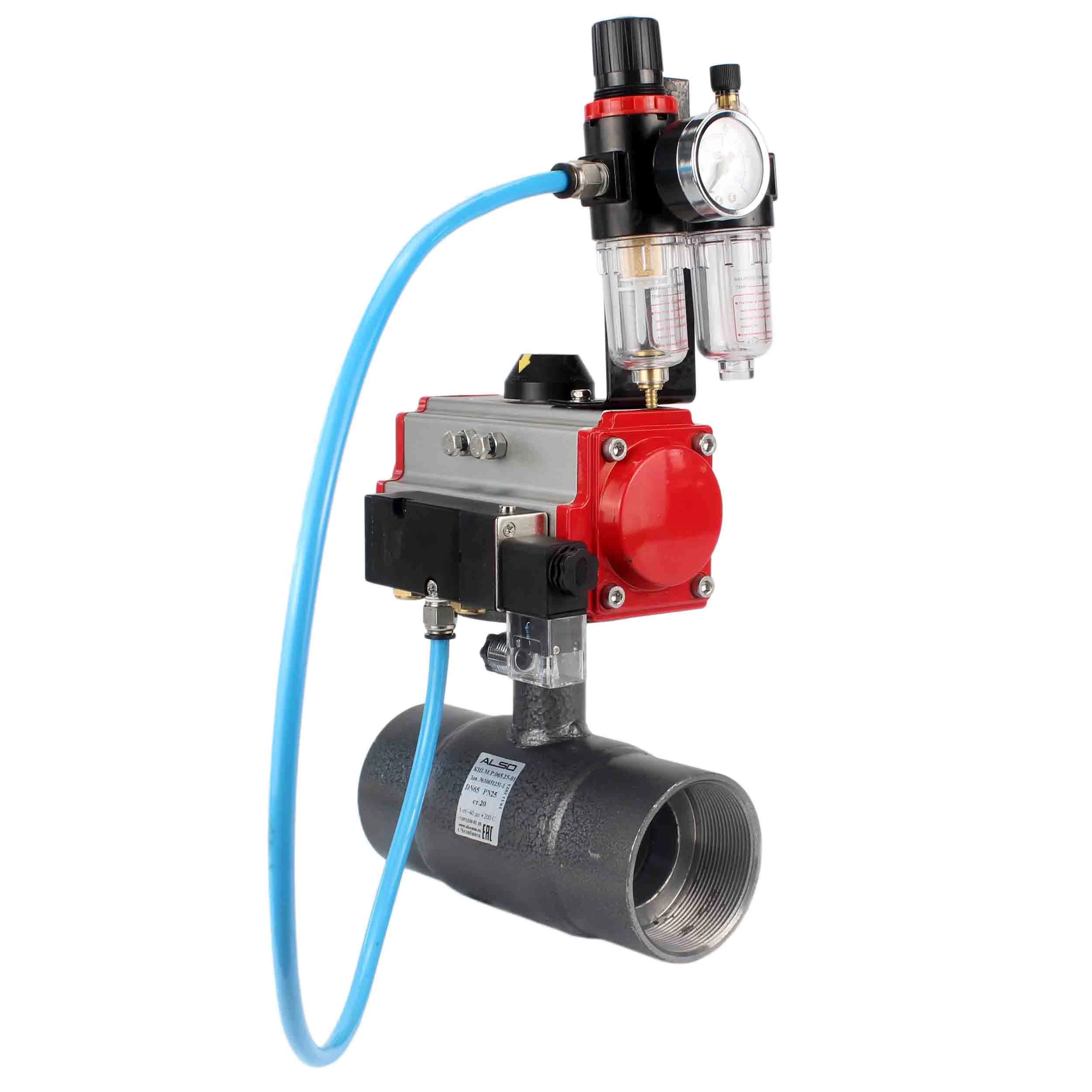 Изображение товара Кран шаровой ALSO КШ.М.П.Р.015.40-01 1/2″ Ду15 Ру40 полнопроходной, внутренняя резьба, корпус - сталь 20, уплотнение - PTFE, управление - пневмопривод DN.ru-PA-DA-052 с пневмораспределителем DN.ru-4М310-08 24 В и блоком подготовки воздуха AFC2000