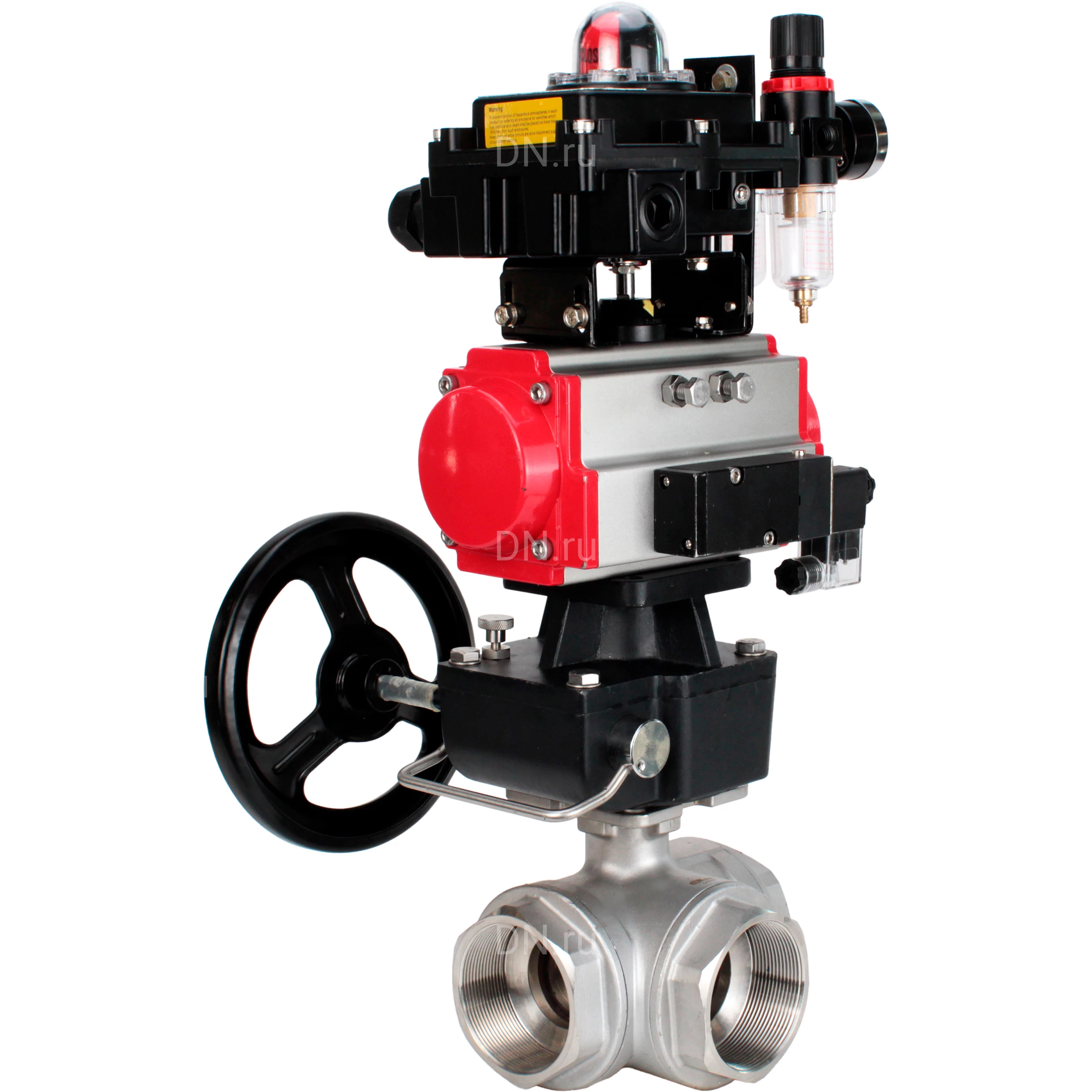 Изображение товара Кран шаровой DN.ru BV3232P(4pc)-SP-3WL-T-ISO-H Ду100 Ру40 ст.проходной 3-ходовой L-тип, нерж. сталь SS316, внутренняя резьба, PTFE, пн.приводом PA-DA-083, пн.распределит 4М310-08 220В NAMUR, БКВ APL-410N EX, ручным дублером MON2-450-T28-ISO и БПВ AFC2000