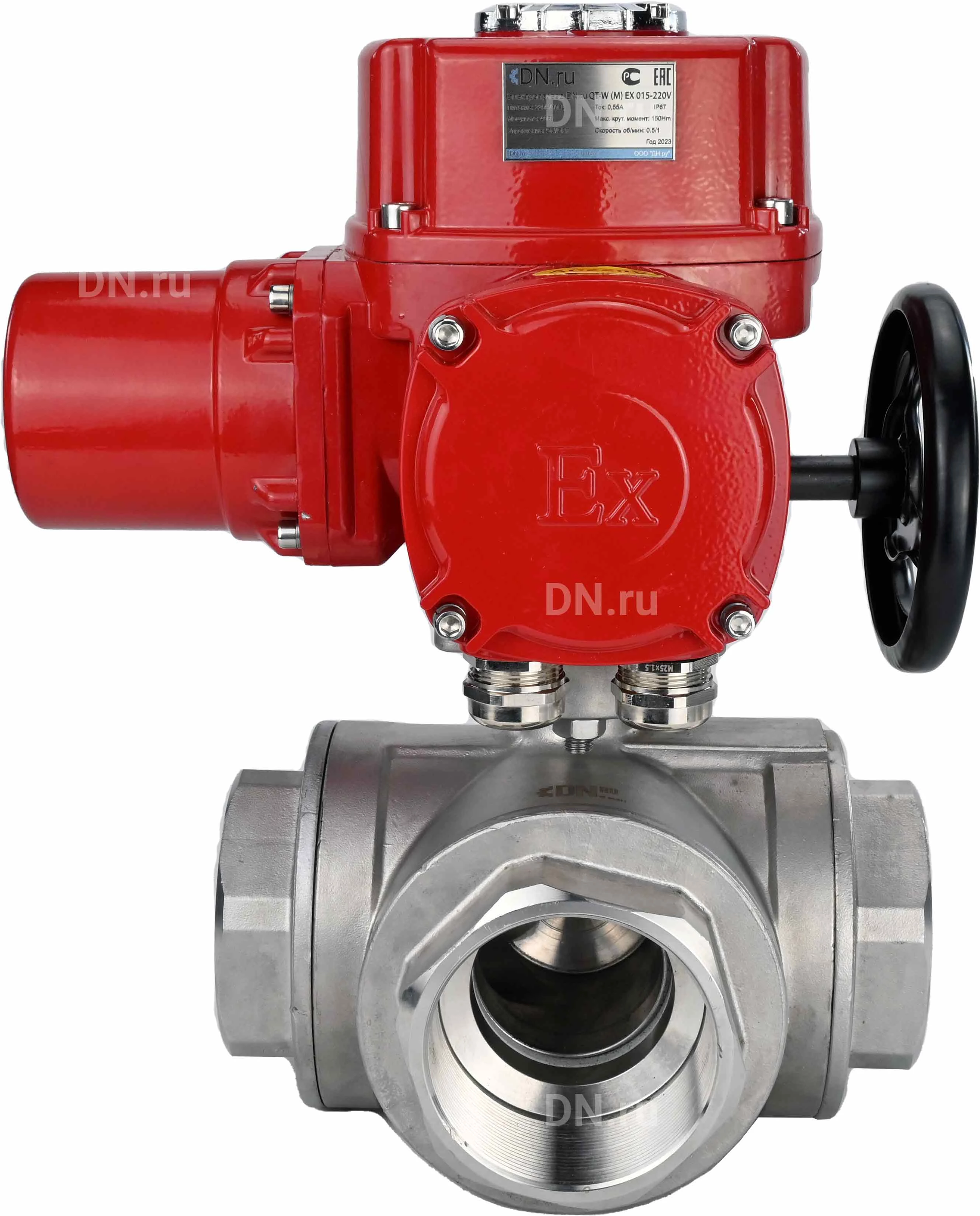 Изображение товара Кран шаровой DN.ru BV3232P(4pc)-SP-3WL-T-ISO-H Ду100 Ру40 стандартнопроходной трехходовой L-тип, нержавеющая сталь SS316, внутренняя резьба, уплотнение - PTFE, с 1/4-оборотным электроприводом DN.ru QT-EX-010M-O2-220VAC-У1