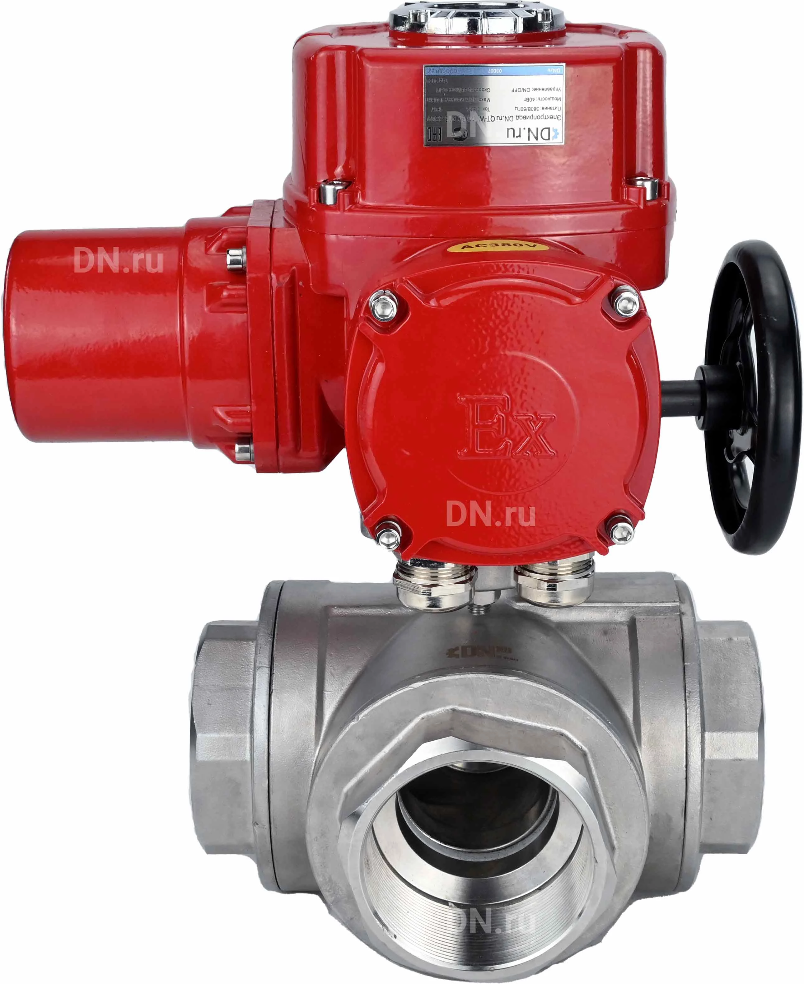 Изображение товара Кран шаровой DN.ru BV3232P(4pc)-SP-3WL-T-ISO-H Ду100 Ру40 стандартнопроходной трехходовой L-тип, нержавеющая сталь SS316, внутренняя резьба, уплотнение - PTFE, с 1/4-оборотным электроприводом DN.ru QT-EX-010M-O2-380VAC-У1