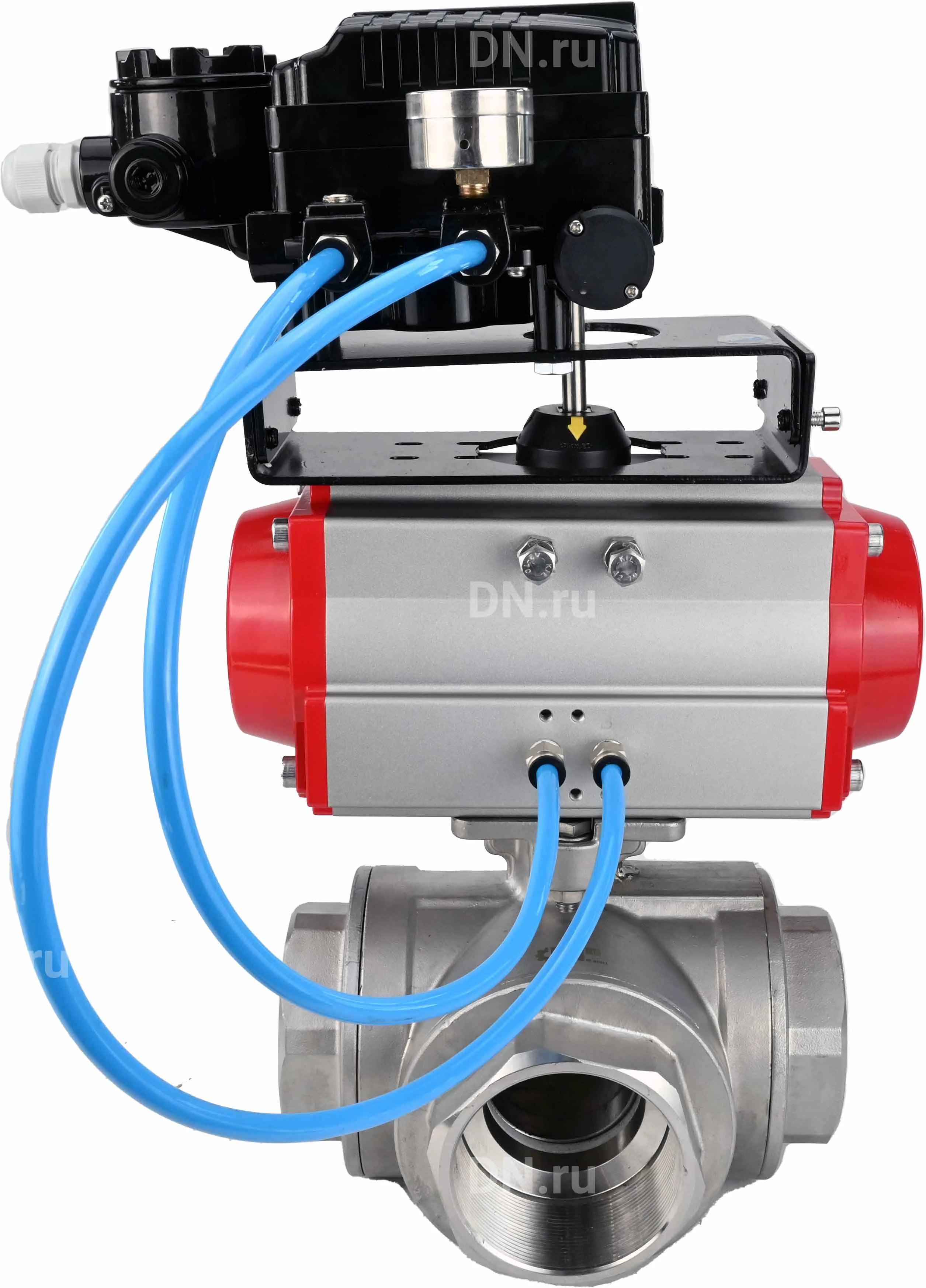 Изображение товара Кран шаровой DN ru BV3232P 3-ходовой L тип DN50 PN63 нерж SS316 внутренняя резьба PTFE пневмопривод