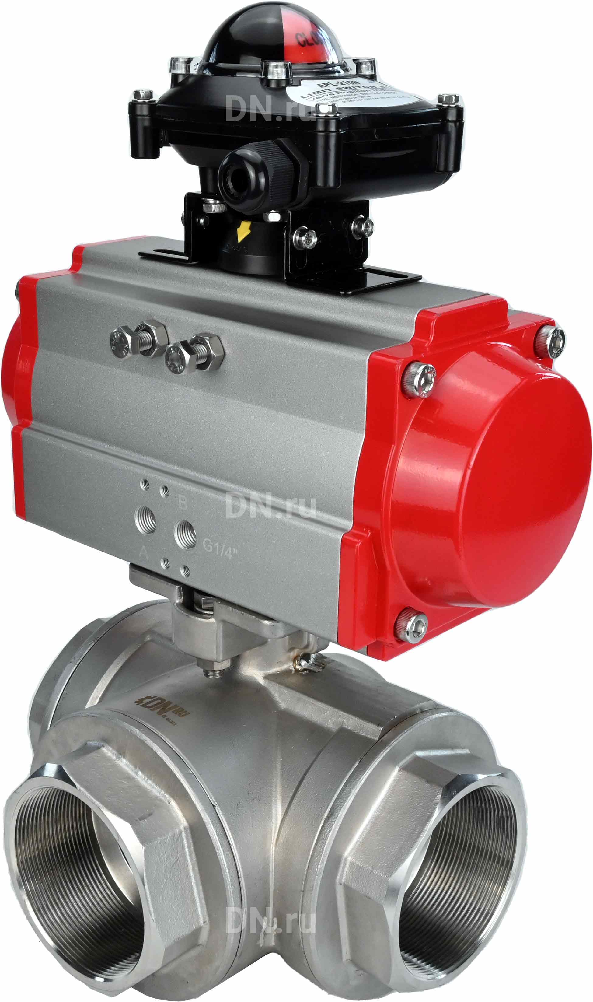 Кран шаровой DN.ru BV3232P(4pc)-SP-3WL-T-ISO-H Ду80 Ру40 стандартнопроходной трехходовой L-тип, нерж. сталь SS316, внутренняя резьба, уплотнение - PTFE, с пневмоприводом PA-DA-83 и блоком концевых выключателей APL-210N