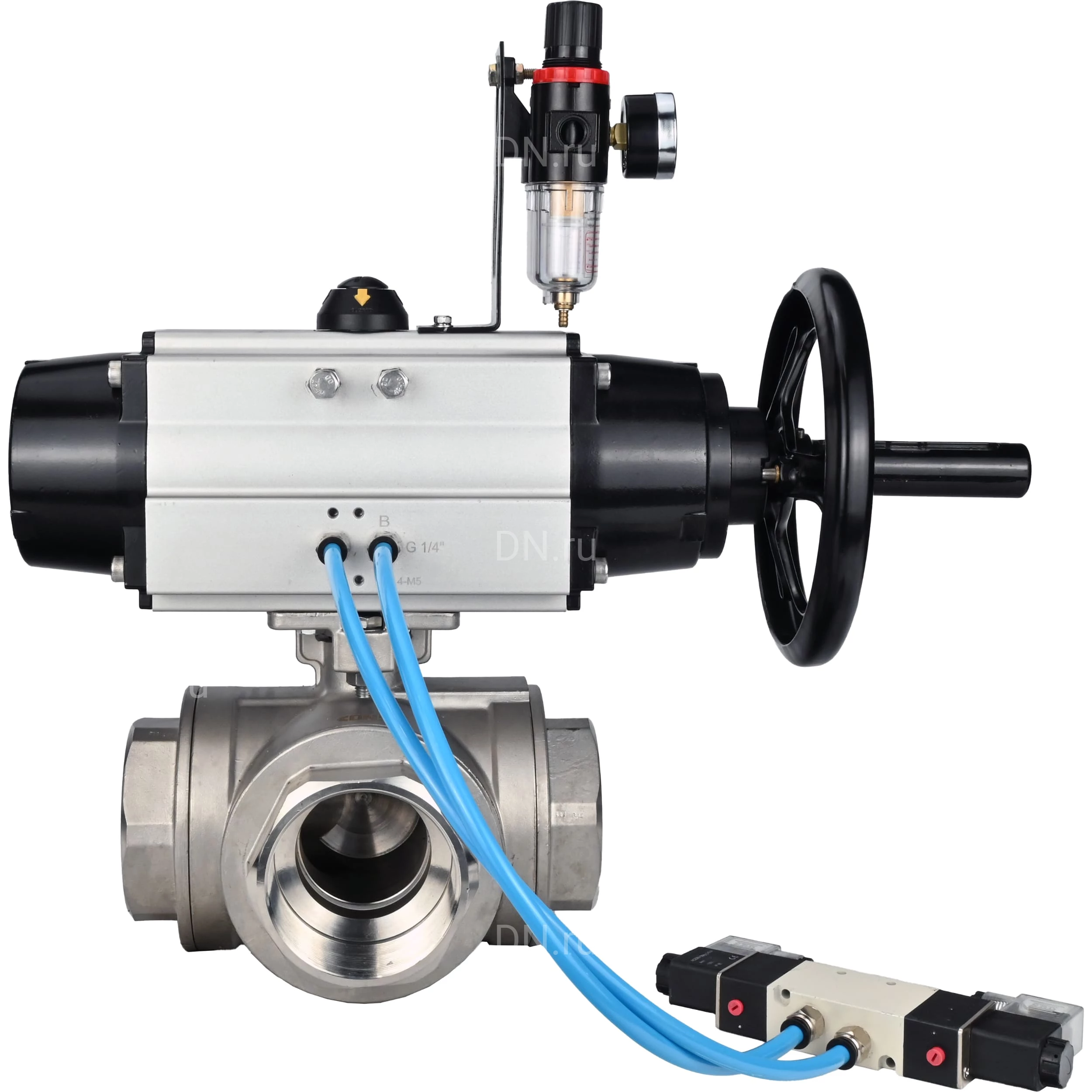 Изображение товара Кран шаровой DN ru BV3232P 4pc SP 3WL-T ISO-H Ду100 Ру40 с пневмоприводом PA-DA-105-1 и пневмораспр