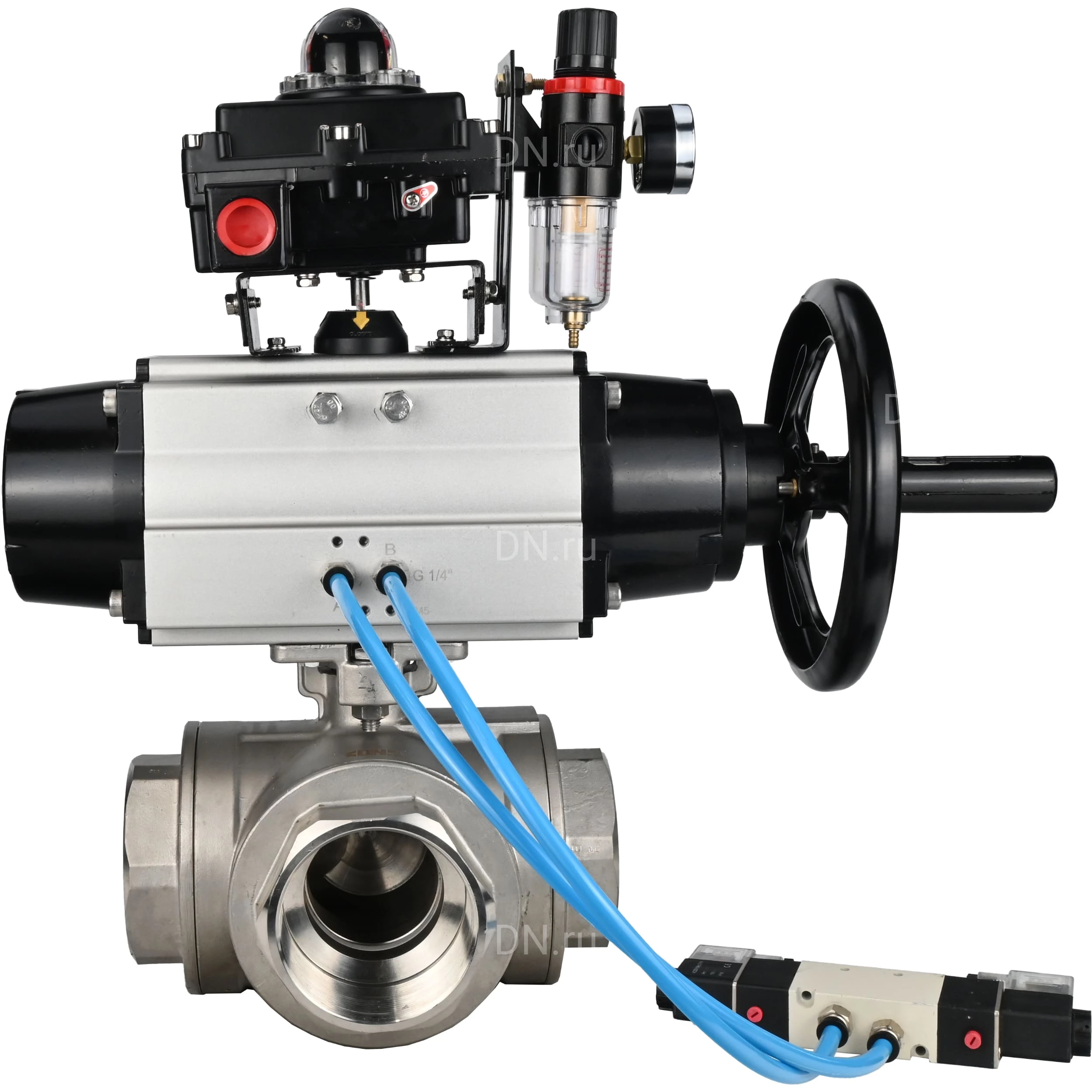 Изображение товара Кран шаровой DN.ru BV3232P(4pc)-SP-3WL-T-ISO-H Ду100 Ру40 с пневмоприводом PA-DA-105-1