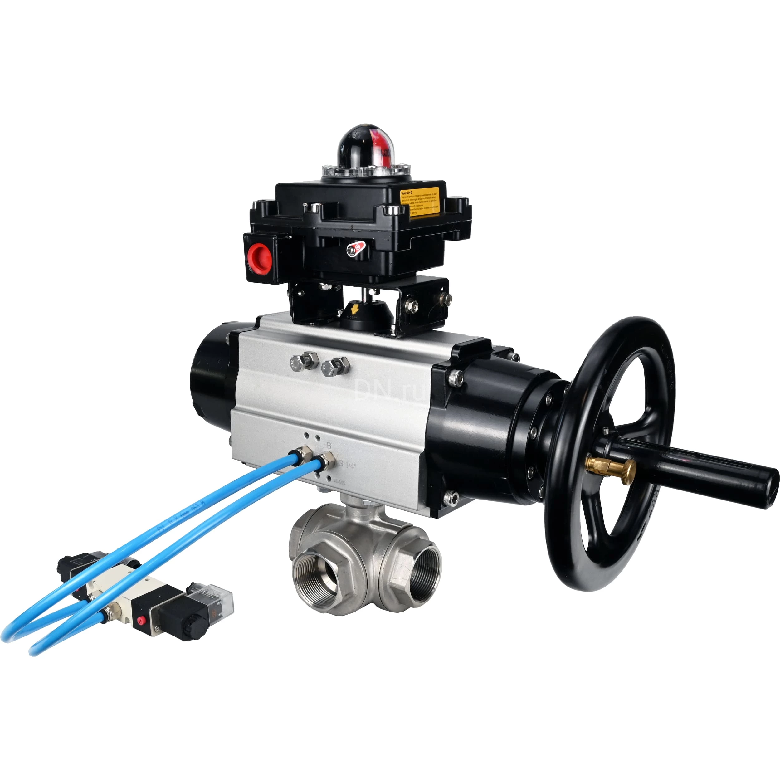 Изображение товара Кран шаровой DN.ru BV3232P(4pc)-SP-3WL-T-ISO-H Ду100 Ру40, стандартнопроходной, четырехсоставной, корпус - нержавеющая сталь 316, уплотнение - PTFE, внутренняя резьба, с пневмоприводом PA-DA-105-1, пневмораспределителем 4V320-10 220В, БКВ APL-410N Ex