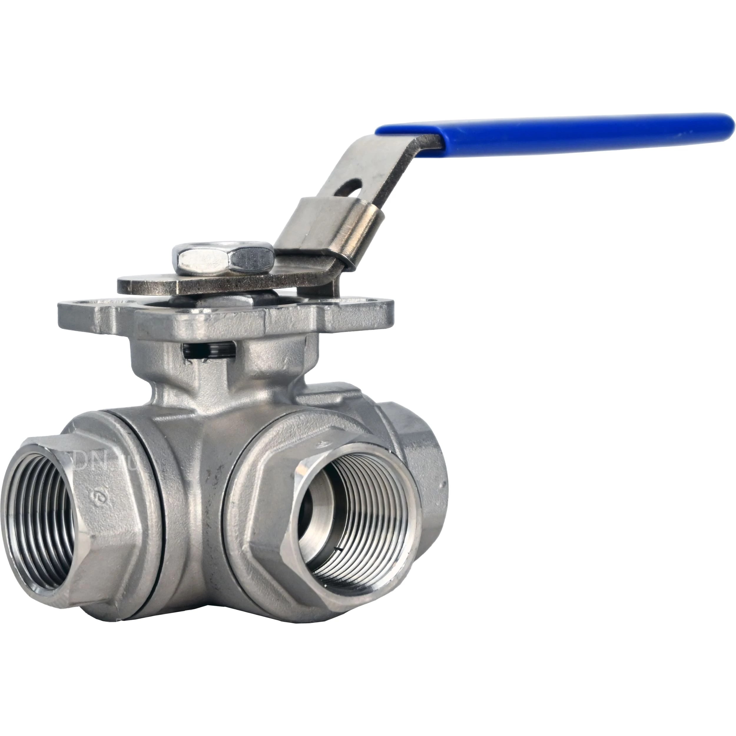 Изображение товара Кран шаровой DN.ru BV3232P(4pc)-SP-3WT-T-ISO-H WDVF Ду25 Ру63 стандартнопроходной, 3-ходовой Т-тип, внутренняя резьба, корпус - нержавеющая сталь AISI 316, уплотнение - PTFE, с ISO-фланцем и рукояткой