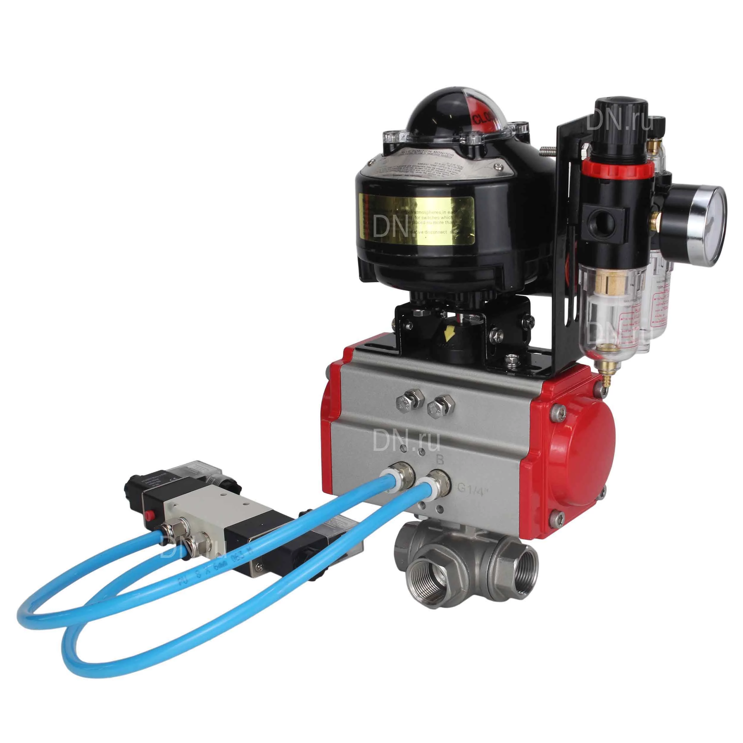 Изображение товара Кран шаровой DN.ru BV3232P(4pc)-SP-3WL-T-ISO-H 1/2″ Ду40 Ру63 стандартнопроходной трехходовой L-тип, нержавеющая сталь SS316, внутренняя резьба, уплотнение - PTFE, с пн.приводом DN.ru PA-DA-065 пн.распределителем 4V320-08 БПВ AFC2000 БКВ APL-510N-EX