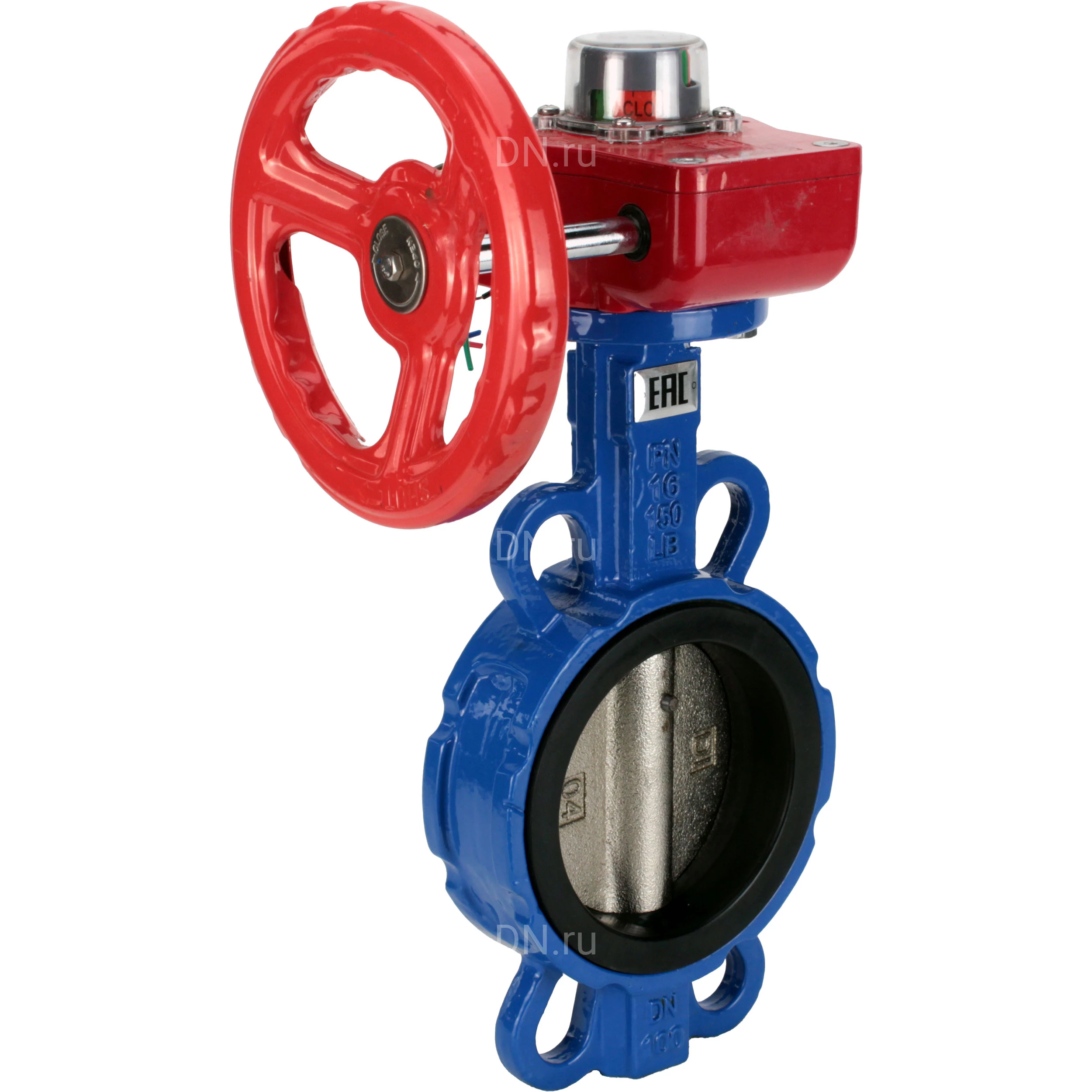 Изображение товара Затвор дисковый поворотный DN.ru WBV1413E-2W-Fb-H Ду65 Ру16 межфланцевый, корпус - чугун GGG50, диск - чугун GGG40, уплотнение - EPDM, с редуктором HGBF RQN1-180Z с индикатором положения и датчиком обратной связи