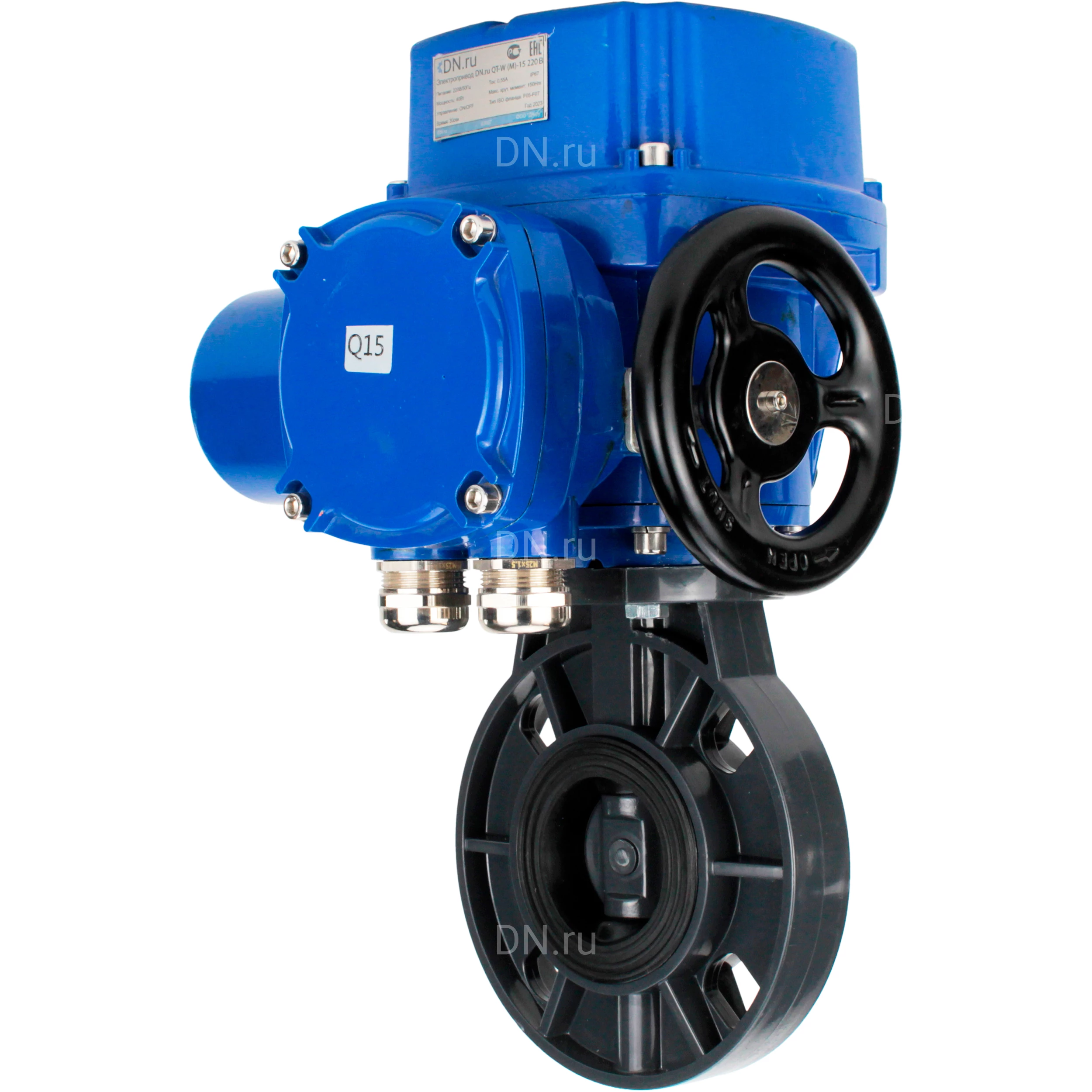 Затвор дисковый поворотный DN.ru WBV4242E-2W-Fb-ISO Дн200 Ру10 межфланцевый, корпус - НПВХ, диск - НПВХ, уплотнение - EPDM, с электроприводом DN.ru QT-N-010M-O2-380VAC-У1 с моментной муфтой и штурвалом
