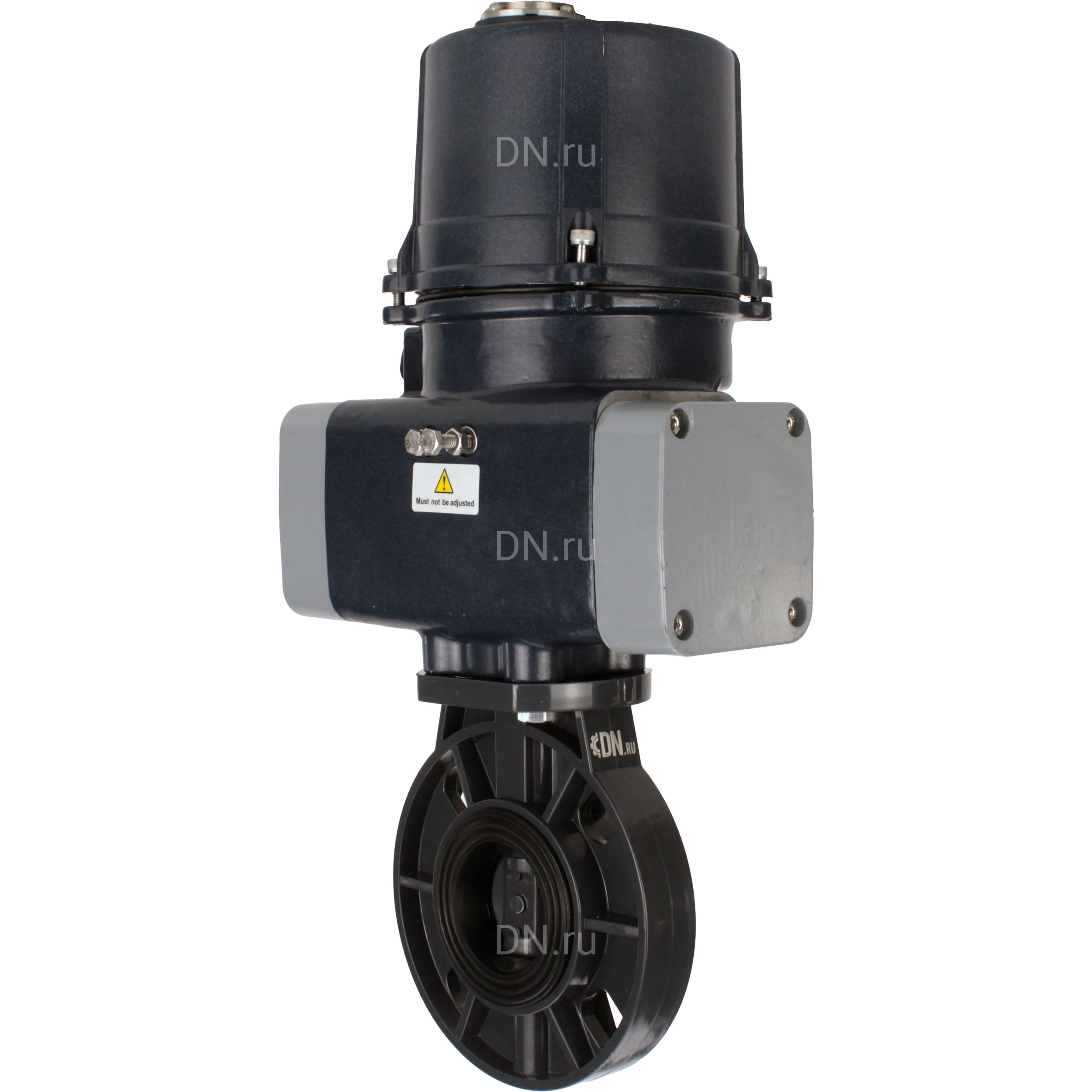Затвор дисковый поворотный DN.ru WBV4242E-2W-Fb-ISO Дн200 Ру10 межфланцевый, корпус - НПВХ, диск - НПВХ, уплотнение - EPDM, с электроприводом DN.ru QTSA-N-007EM-O0-220VAC с пружинным возвратом