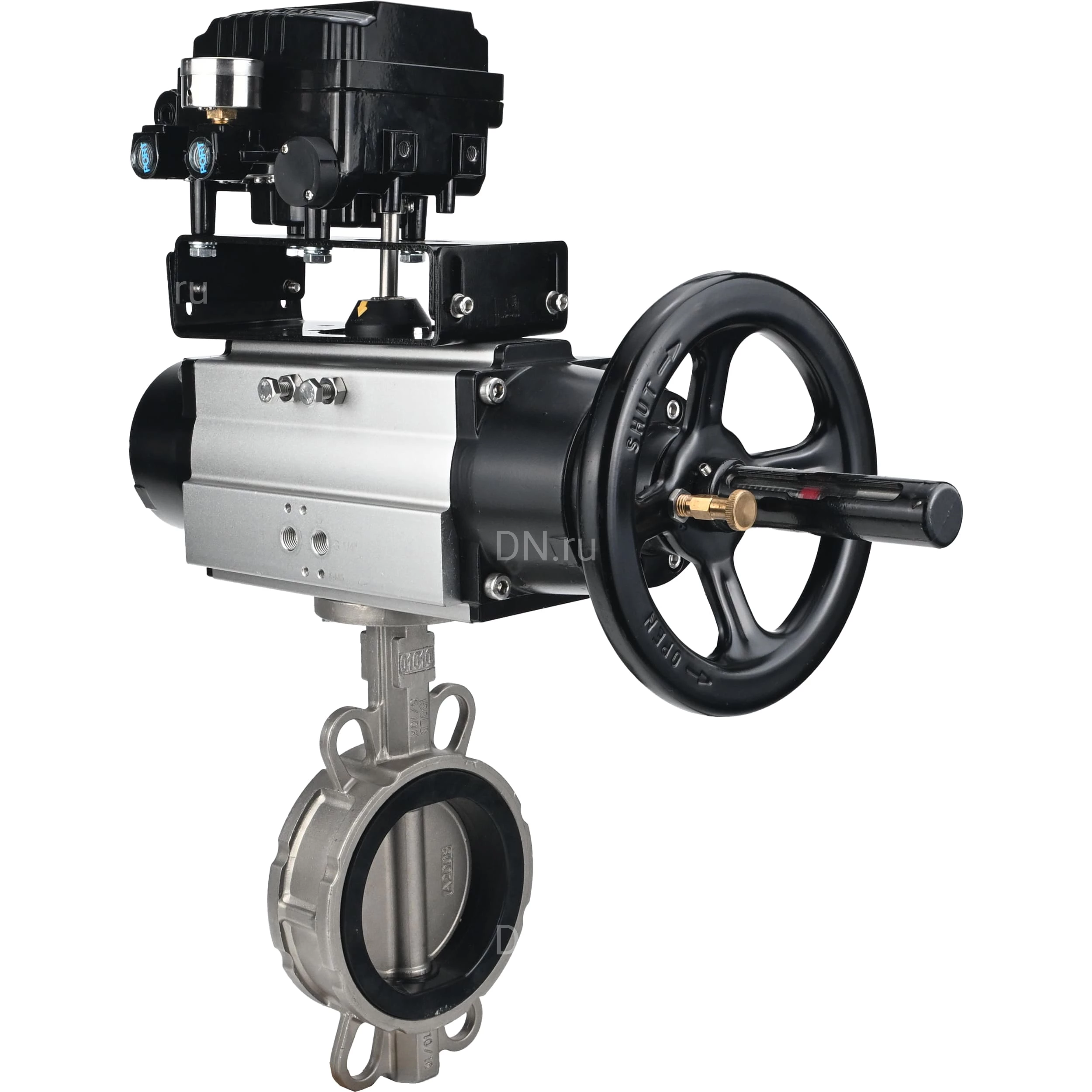 Изображение товара Затвор дисковый поворотный DN.ru WBV3232E-2W-Fb-H Ду150 Ру16 нержавеющая сталь