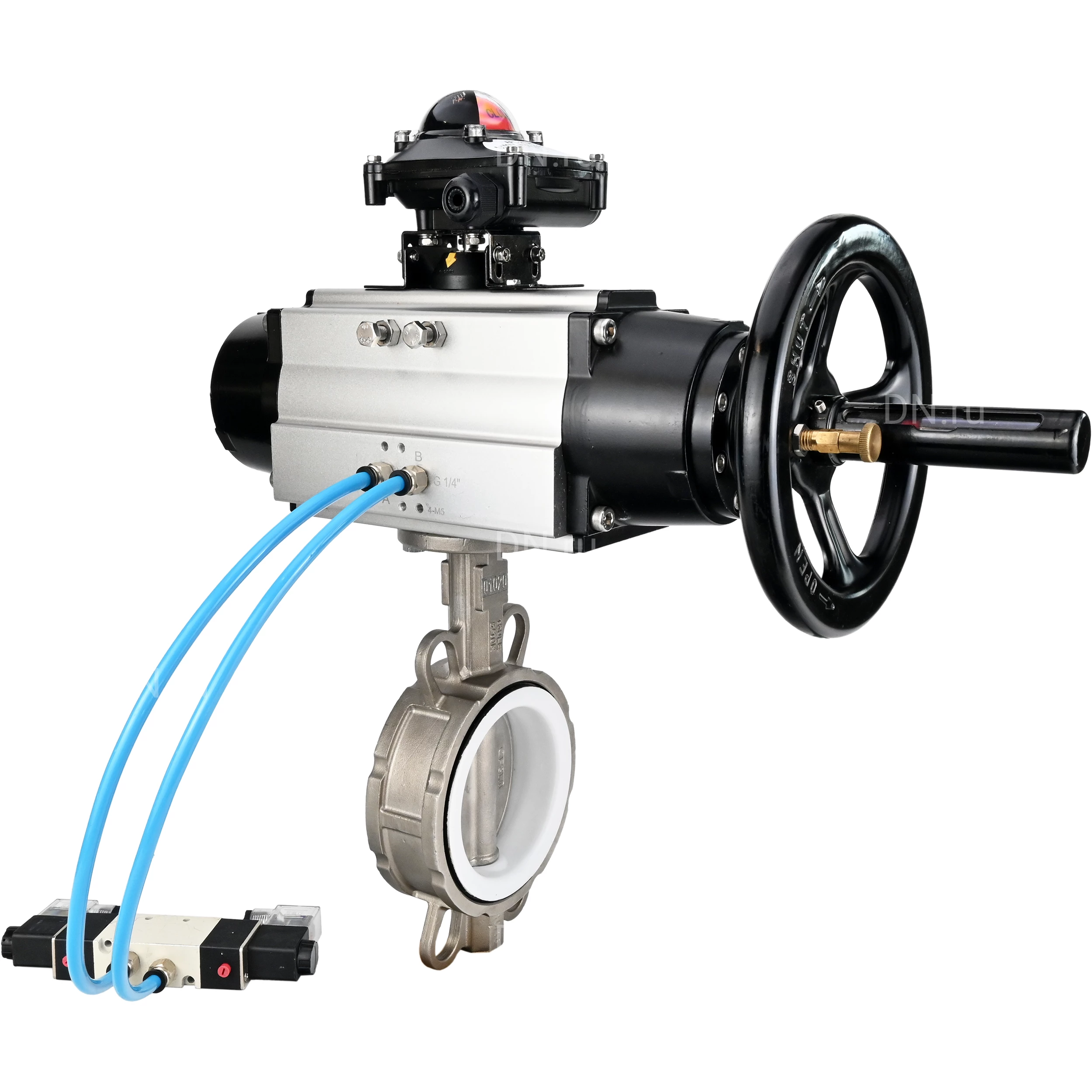 Изображение товара Затвор дисковый поворотный DN.ru WBV3232P-2W-Fb-H Ду100 с пневмоприводом Изображение товара Затвор дисковый поворотный DN.ru WBV3232P-2W-Fb-H Ду100 с пневмоприводом