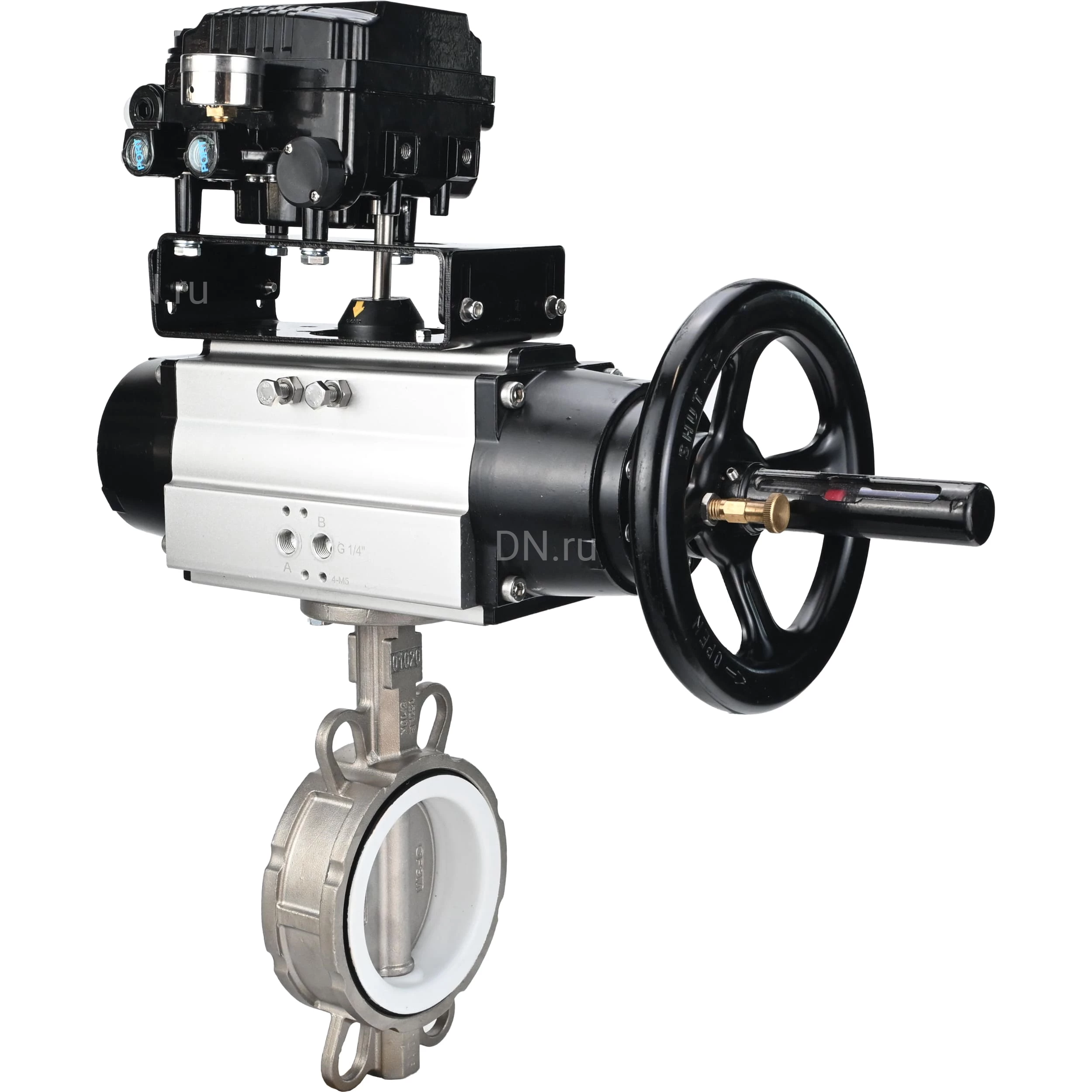 Изображение товара Затвор дисковый поворотный DN.ru WBV3232P-2W-Fb-H Ду125 Ру16 с пневмоприводом