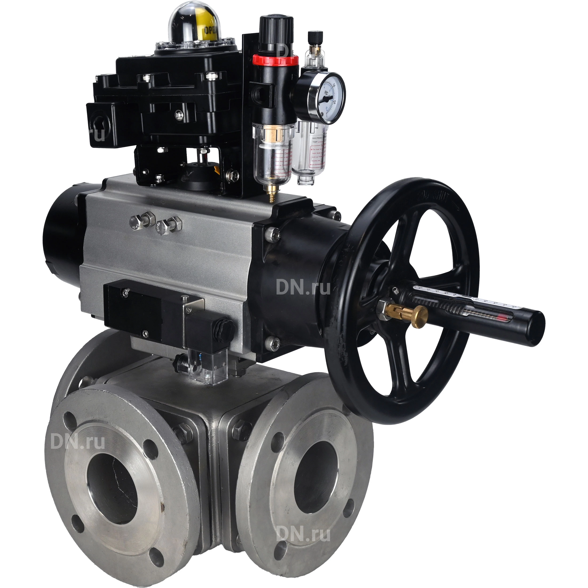 Изображение товара Кран шаровой DN.ru BV3232P(4pc)-FP-3WL-F Ду100 Ру16 полнопроходной трехходовой, фланцевый, корпус - нержавеющая сталь SS316, с пневмоприводом DN.ru PA-DA-105-1, пневмораспределителем 4М310-08 24В NAMUR, БКВ APL-410N EX и БПВ AFC2000