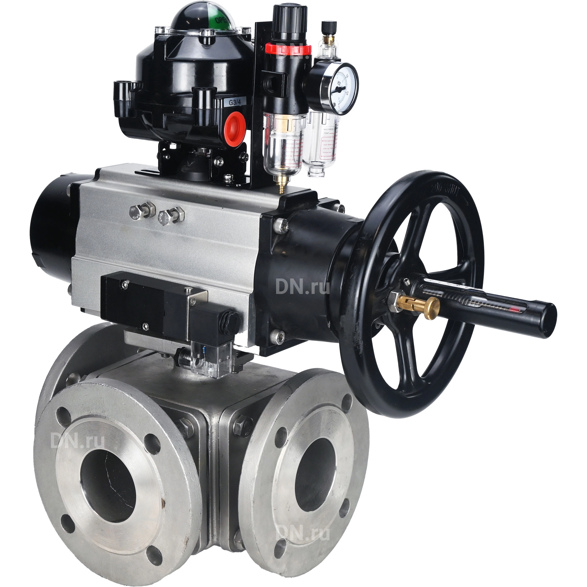 Изображение товара Кран шаровой DN.ru BV3232P(4pc)-FP-3WL-F Ду100 Ру16 полнопроходной трехходовой, фланцевый, корпус - нержавеющая сталь SS316, с пневмоприводом DN.ru PA-DA-105-1, пневмораспределителем 4М310-08 220В NAMUR, БКВ APL-510N EX и БПВ AFC2000