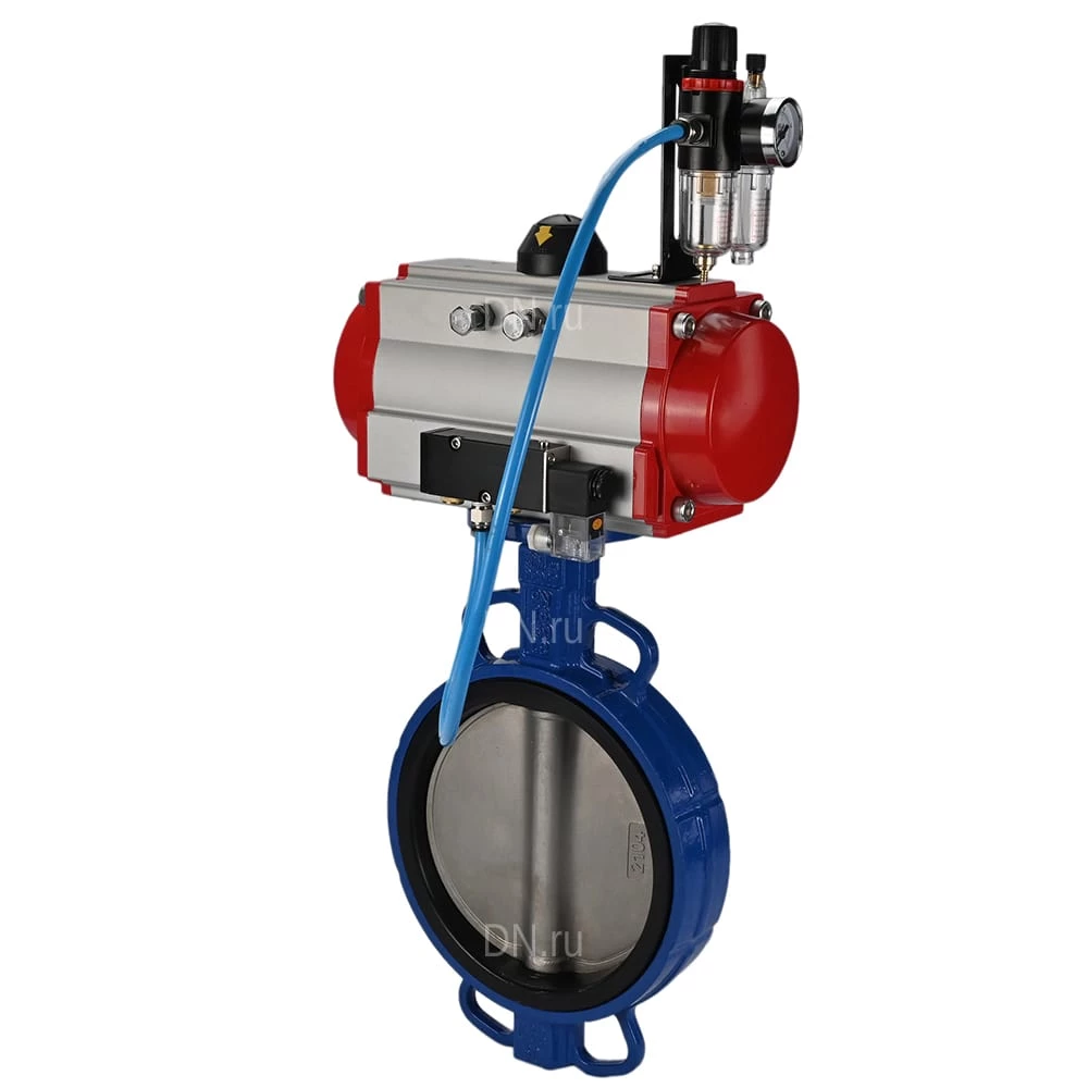 Изображение товара Затвор дисковый поворотный DN.ru WBV1413E-2W-Fb-H Ду200 Ру16, корпус - чугун GGG50, диск - чугун GGG40, уплотнение - EPDM, с пневмоприводом DN.ru PA-DA-130 двойного действия, с пневмораспределителем 4M310-08 220В, с БПВ AFC2000