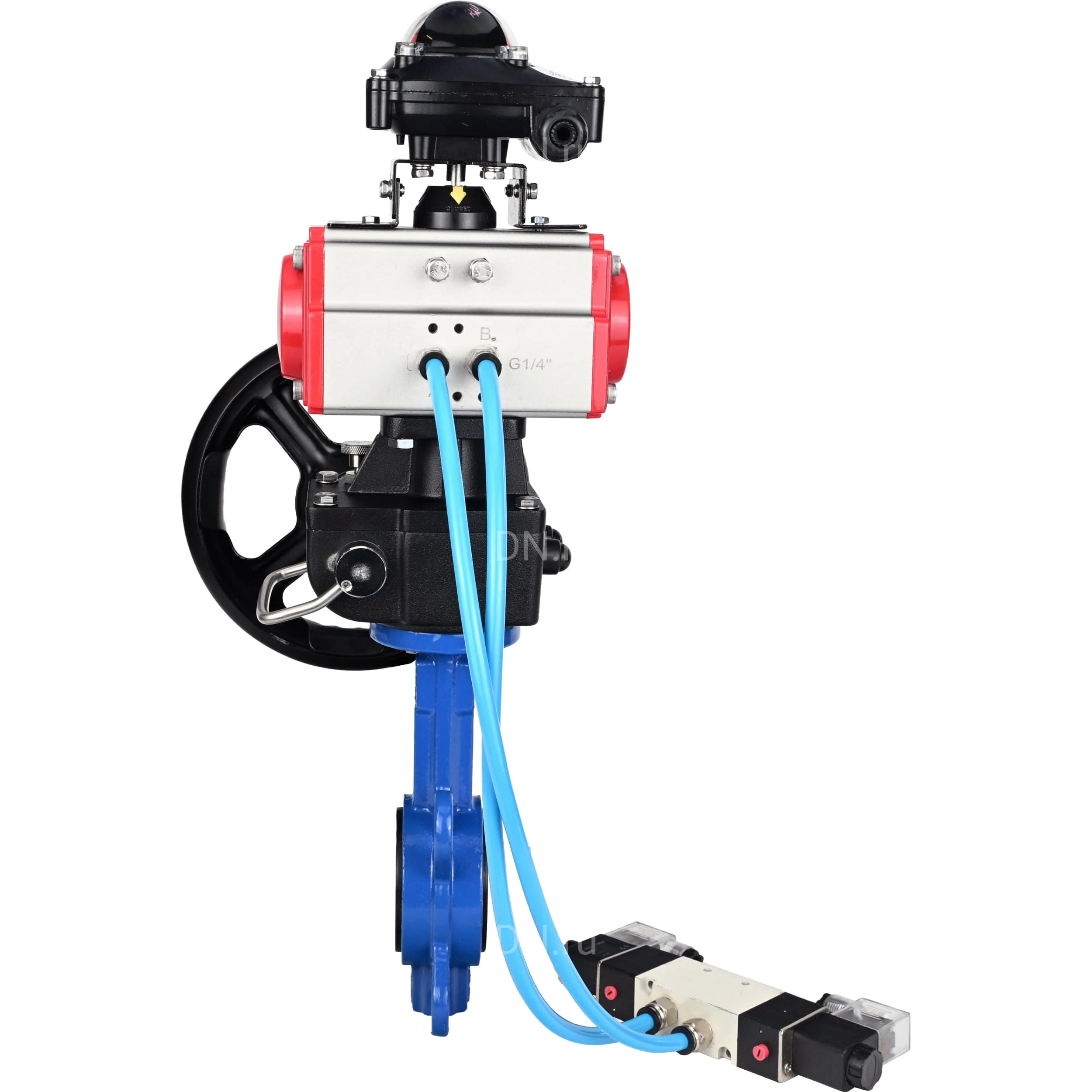 Изображение товара Затвор дисковый поворотный DN.ru WBV1413E-2W-Fb-H Ду65 Ру16 с пневмоприводом и ручным дублером