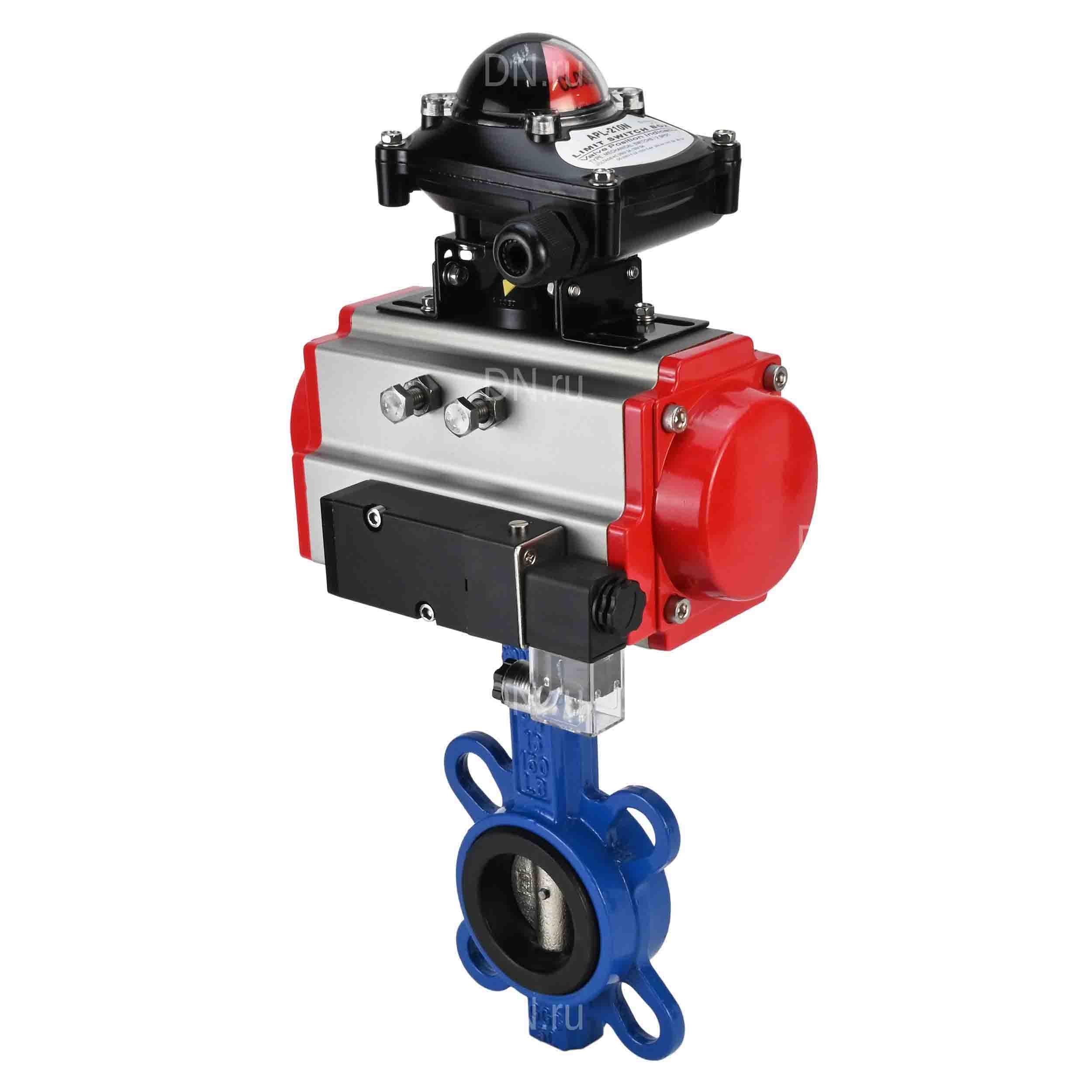 Затворы дисковые поворотные DN.ru WBV1413E-2W-Fb-H Ду40-200 Ру16, корпус - чугун GGG50, диск - чугун GGG40, уплотнение - EPDM, с пневмоприводом PA-SA с возвратными пружинами, с пневмораспределителем 4M310-08 220В, с БКВ APL-210N