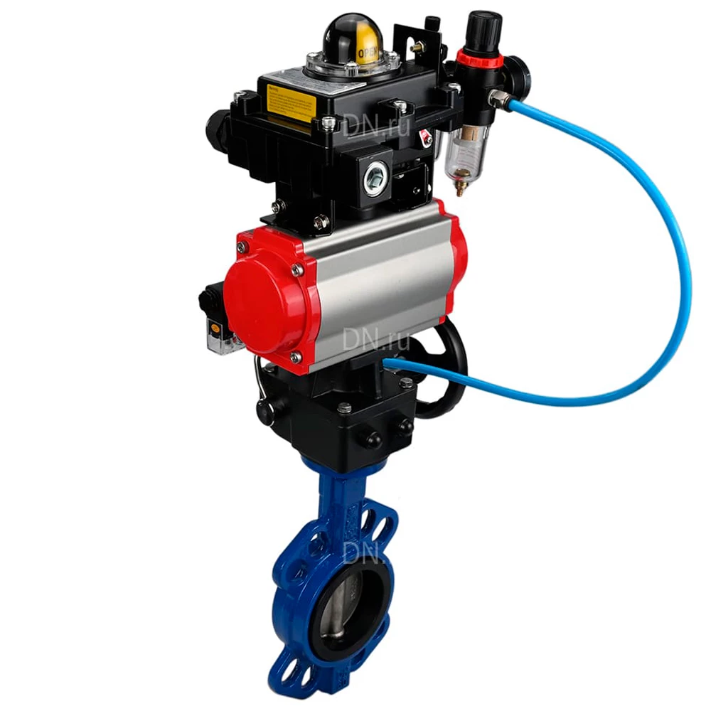 Изображение товара Затвор дисковый поворотный DN.ru WBV1413E-2W-Fb-H Ду100 с пневмоприводом и блоком управления