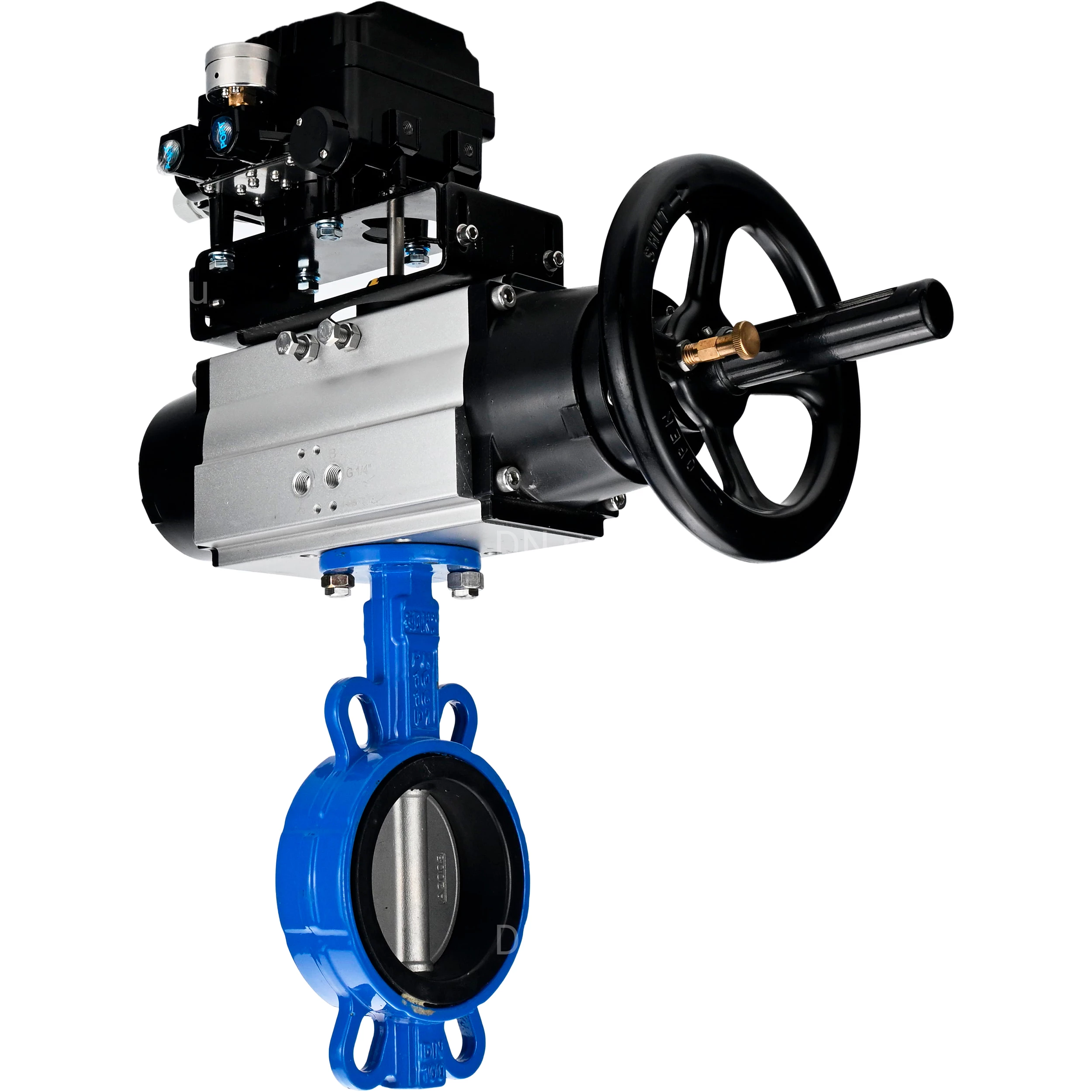 Затворы дисковые поворотные DN.ru WBV1132N-2W-Fb Ду125-150 Ру16, корпус - чугун GG25, диск - нержавеющая сталь 316L, уплотнение - NBR, с пневмоприводом PA-DA-105-1 и с электропневматическим поворотным позиционером YT-1000RSN с обратной связью