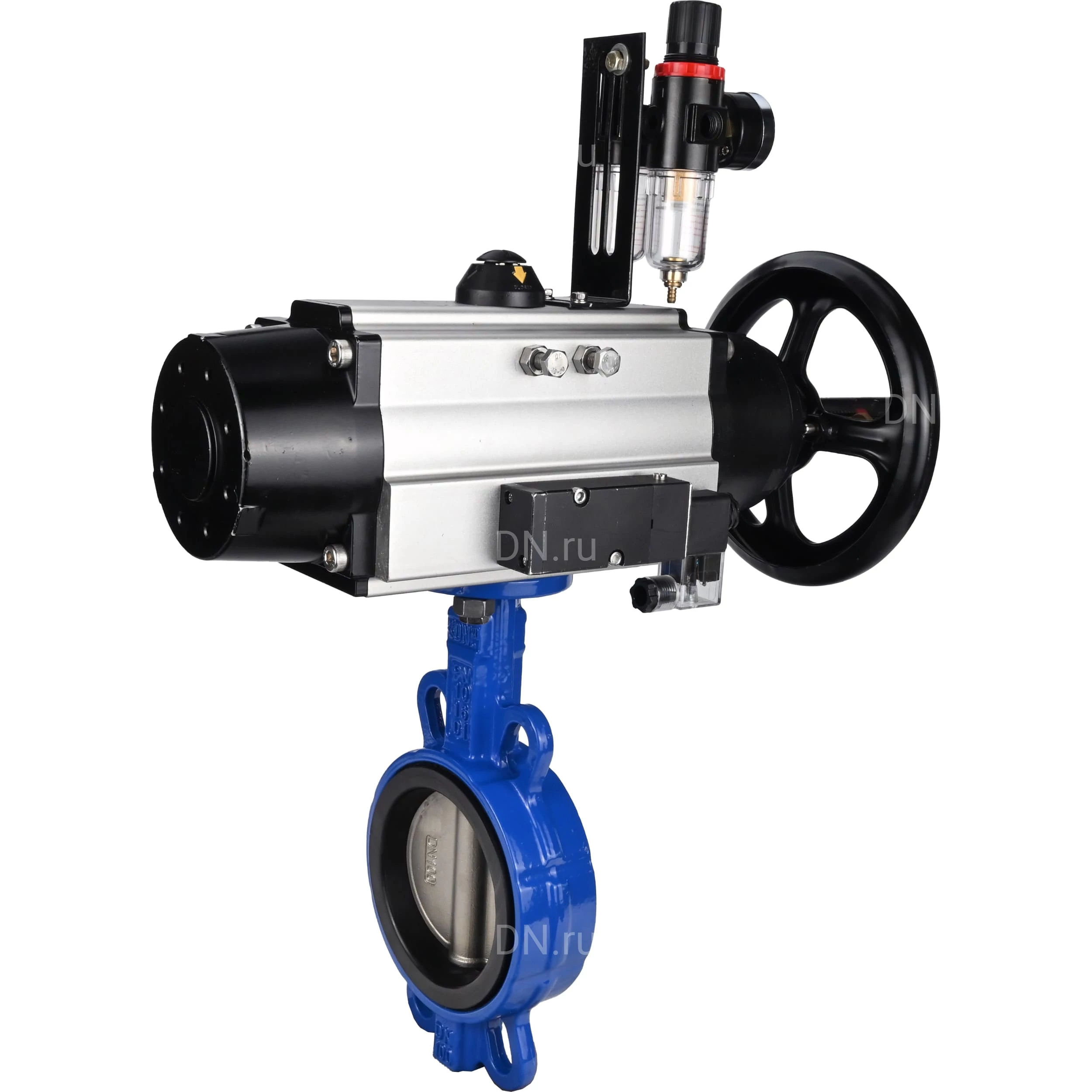 Изображение товара Затвор дисковый поворотный DN.ru WBV1432E-2W-Fb-H Ду150 Ру16, корпус - чугун GGG50, диск - нержавеющая сталь 316L, уплотнение - EPDM, с пневмоприводом DN.ru PA-DA-105-1 двойного действия, пневмораспределителем 4M310-08 DC24V, БПВ AFC2000