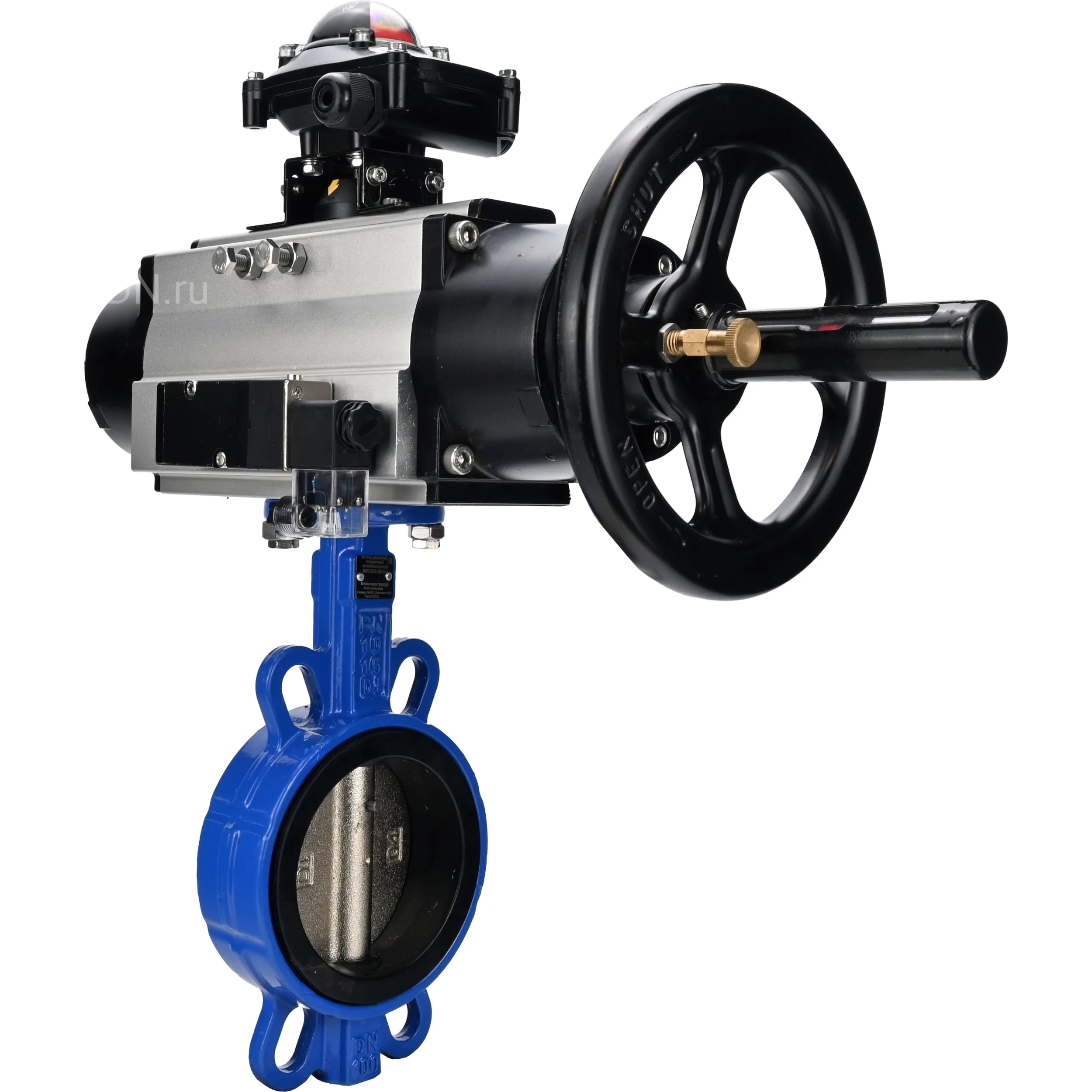 Изображение товара Затвор дисковый поворотный DN.ru WBV1413E-2W-Fb-H Ду150 с пневмоприводом