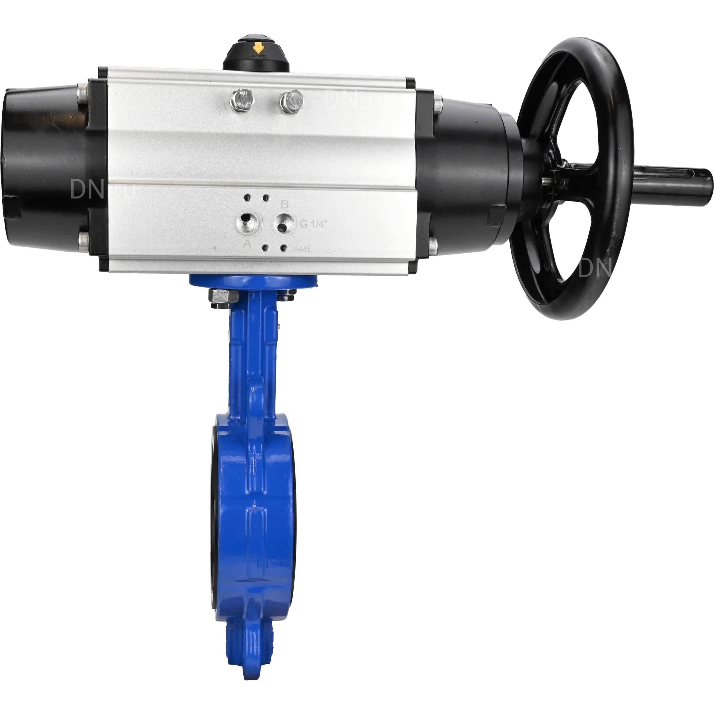 Изображение товара Затвор дисковый поворотный DN.ru WBV1413E-2W-Fb-H Ду150 Ру16, межфланцевый, корпус - чугун GGG50, диск - чугун GGG40, уплотнение - EPDM, с пневмоприводом DN.ru PA-DA-105-1