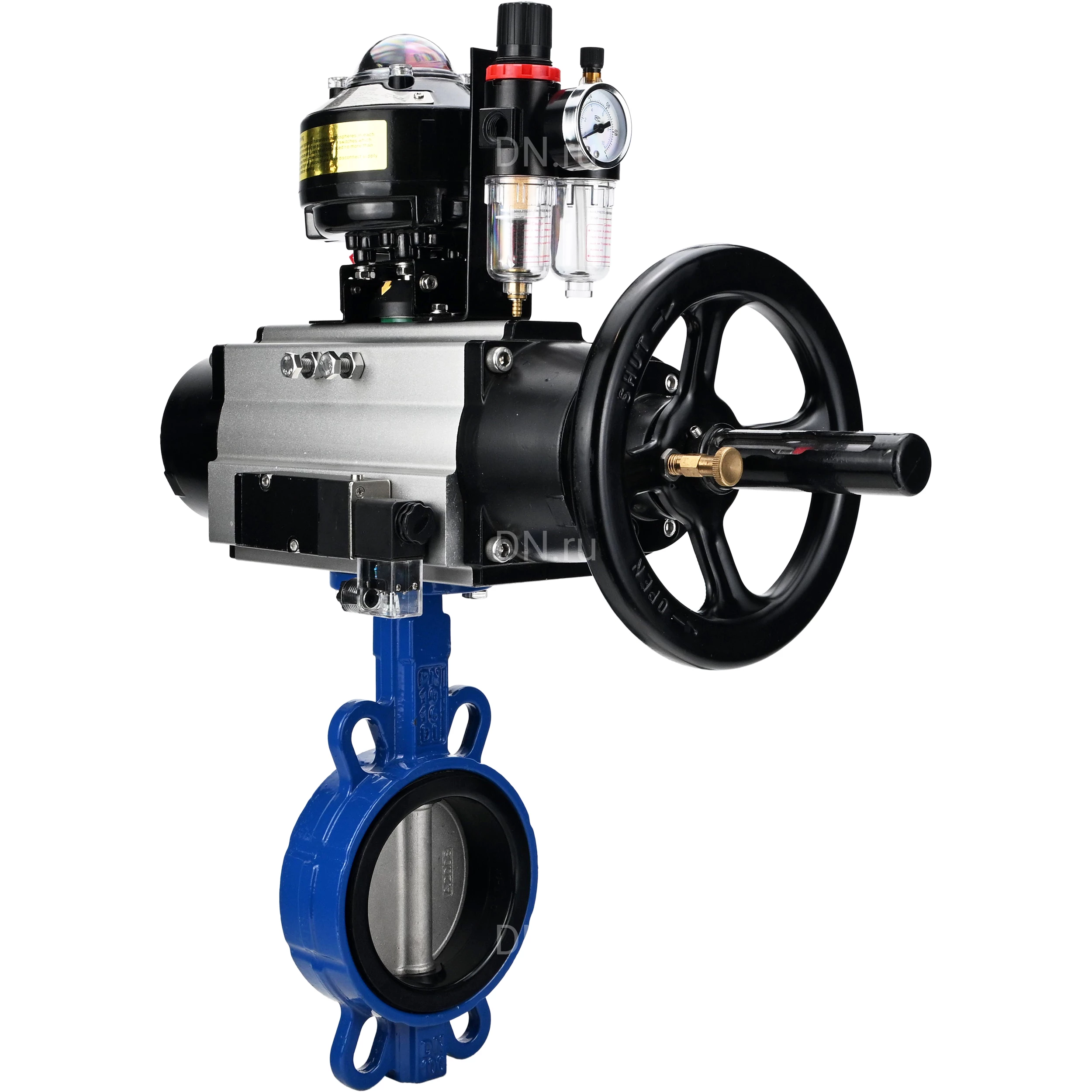 Изображение товара Затвор дисковый поворотный DN.ru WBV1432N-2W-Fb с пневмоприводом и распределителем