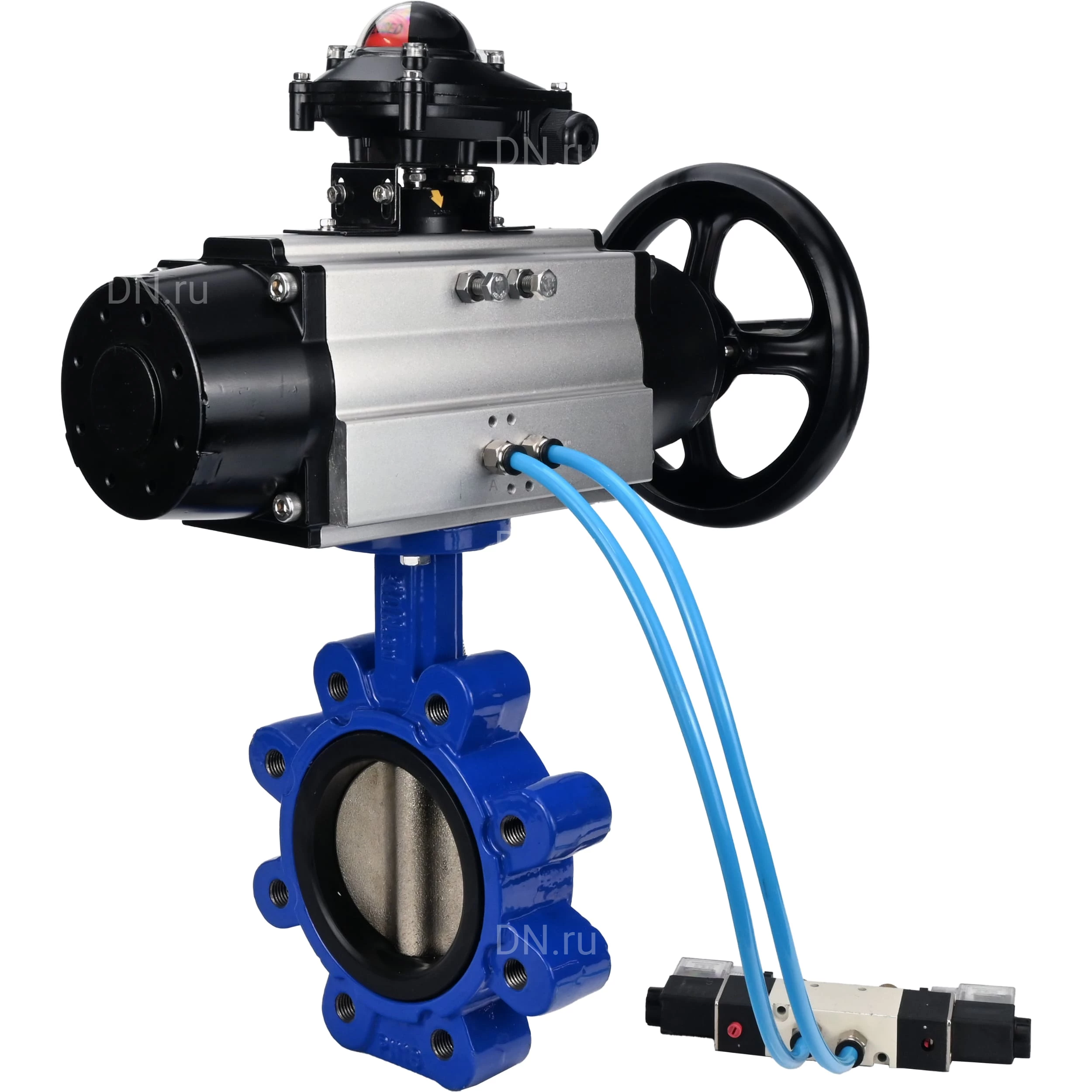 Изображение товара Затвор дисковый поворотный DN.ru Du150 Ру16 с пневмоприводом и блоком сигнализации