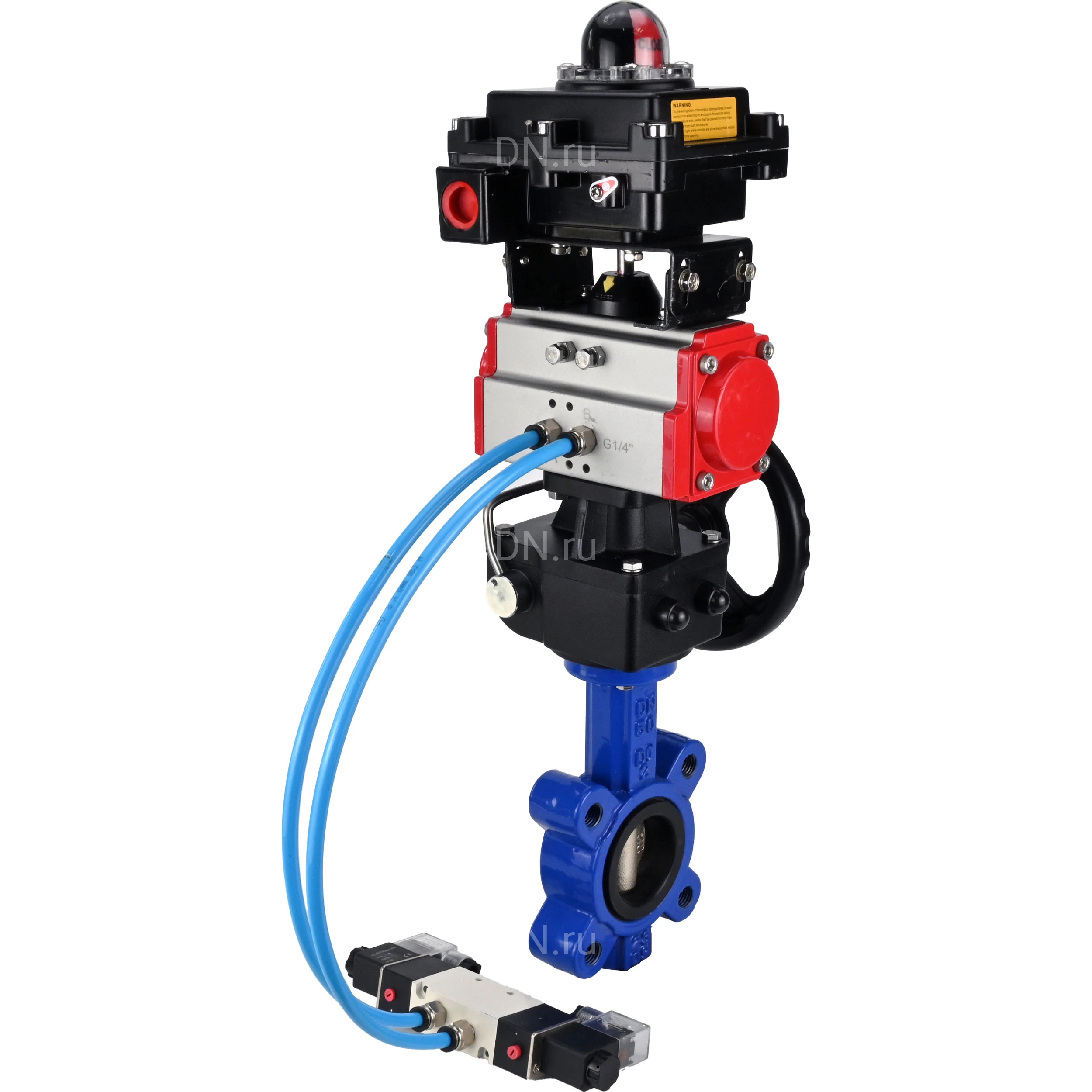 Изображение товара Затвор дисковый поворотный DN.ru WBV1616N-2W-Fb-H Ду125 Ру16 LUG корпус - чугун QT450, диск - чугун QT450, уплотнение - NBR, с пневмоприводом DN.ru PA-DA-105, пневмораспределителем 4V320-10 220В, БКВ APL-410N EX и редуктором MON3-700-T38-ISO