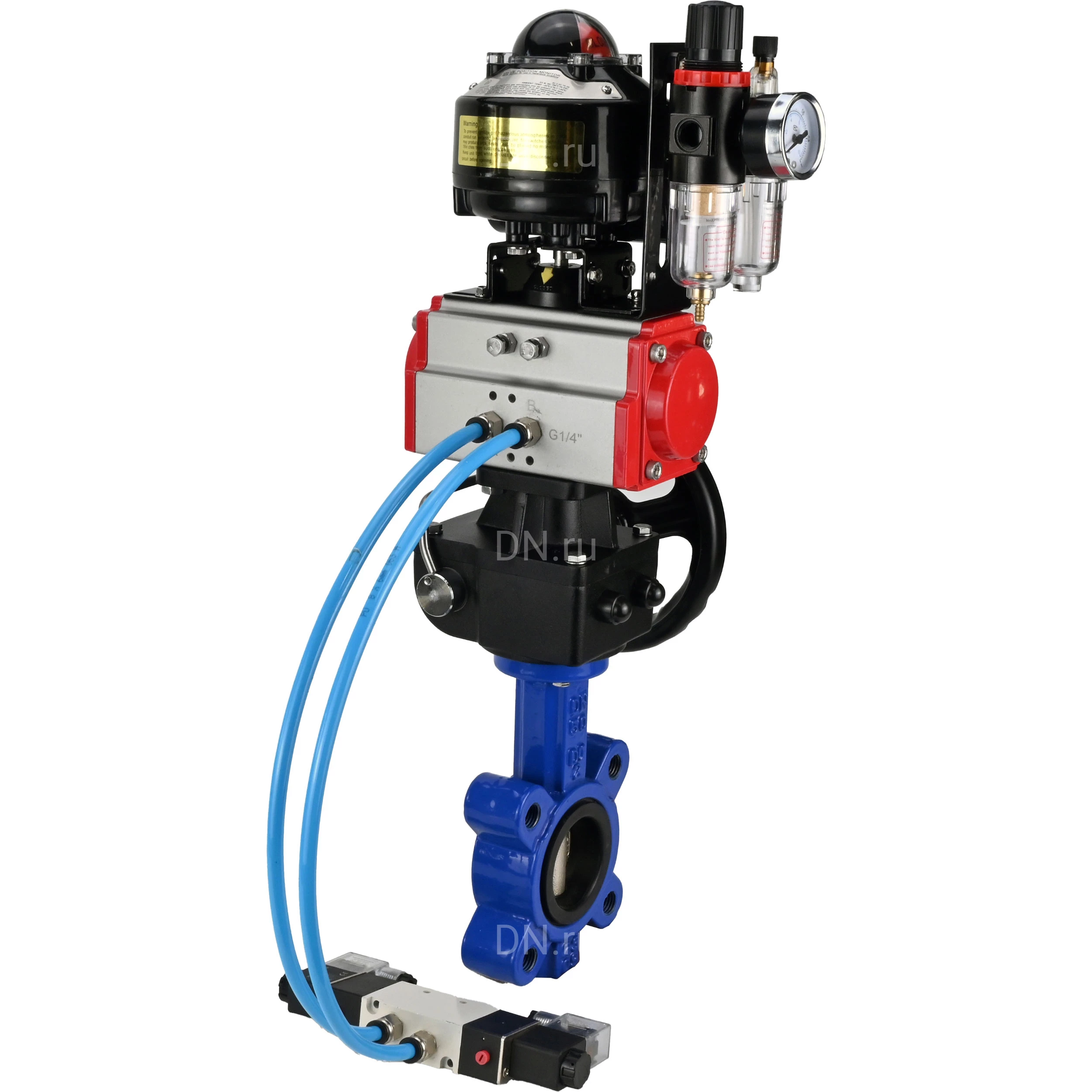 Изображение товара Затвор дисковый поворотный DN.ru Ду65 с пневмоприводом, корпус и диск из чугуна, регистрация давлен